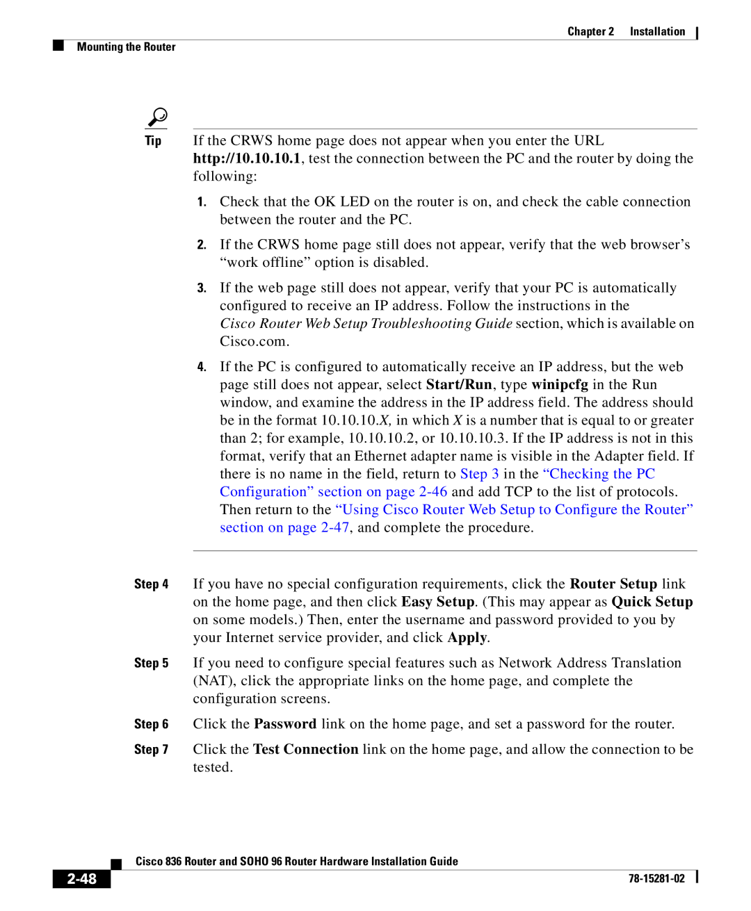 Cisco Systems 836, SOHO96 manual Installation Mounting the Router 