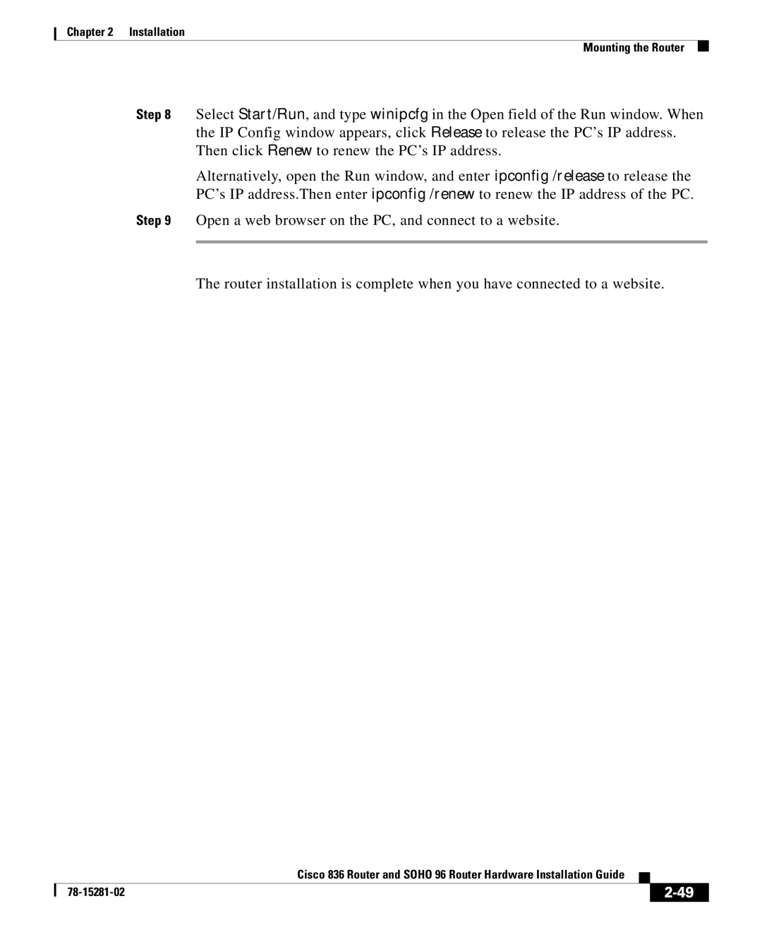 Cisco Systems SOHO96, 836 manual Installation Mounting the Router 