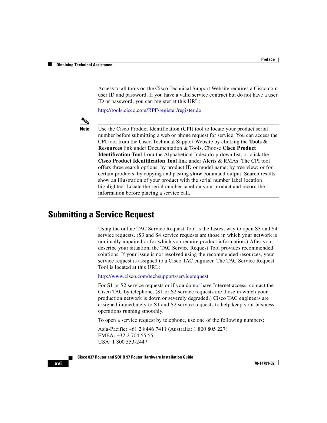 Cisco Systems 837, SOHO 97 manual Submitting a Service Request, Xvi 