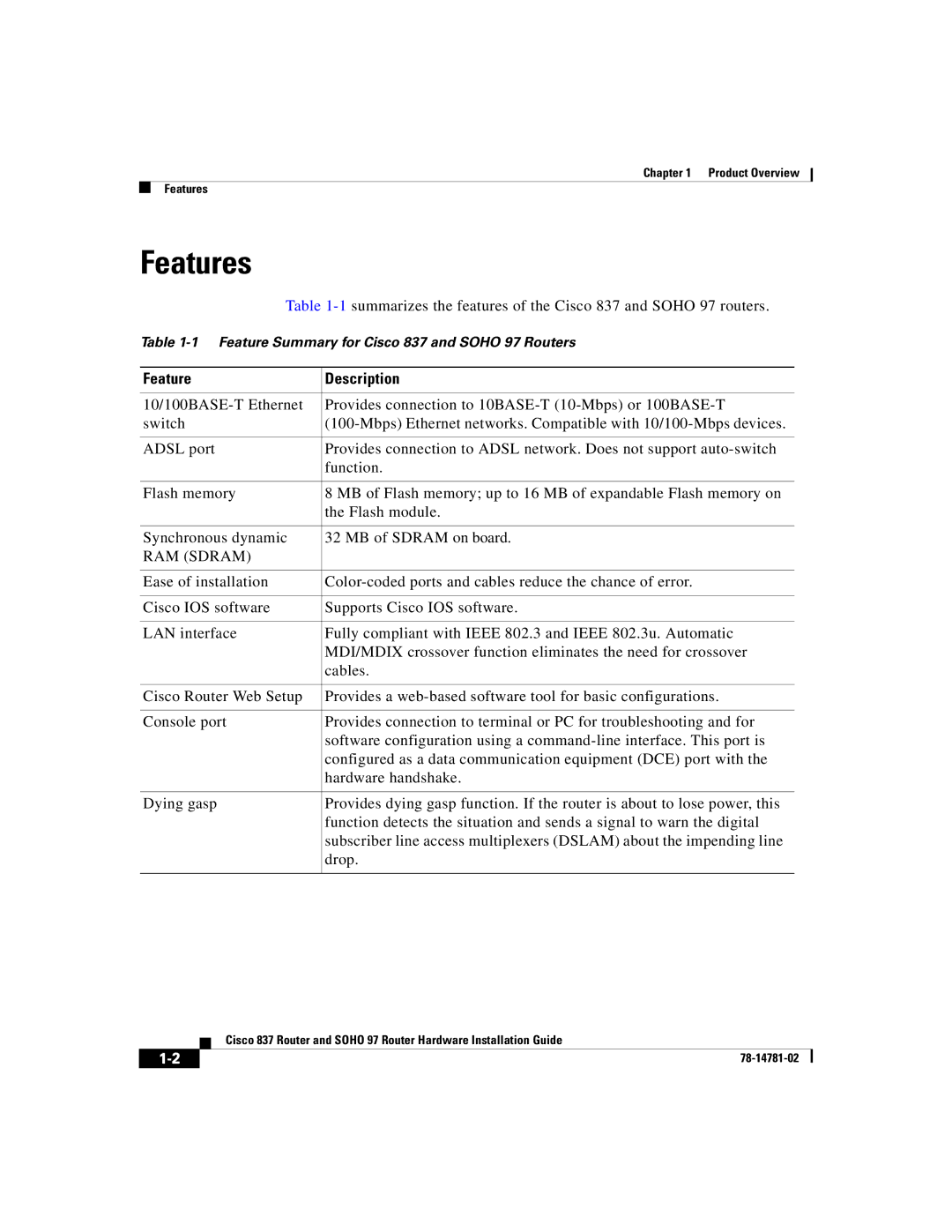 Cisco Systems 837, SOHO 97 manual Features, Feature Description 