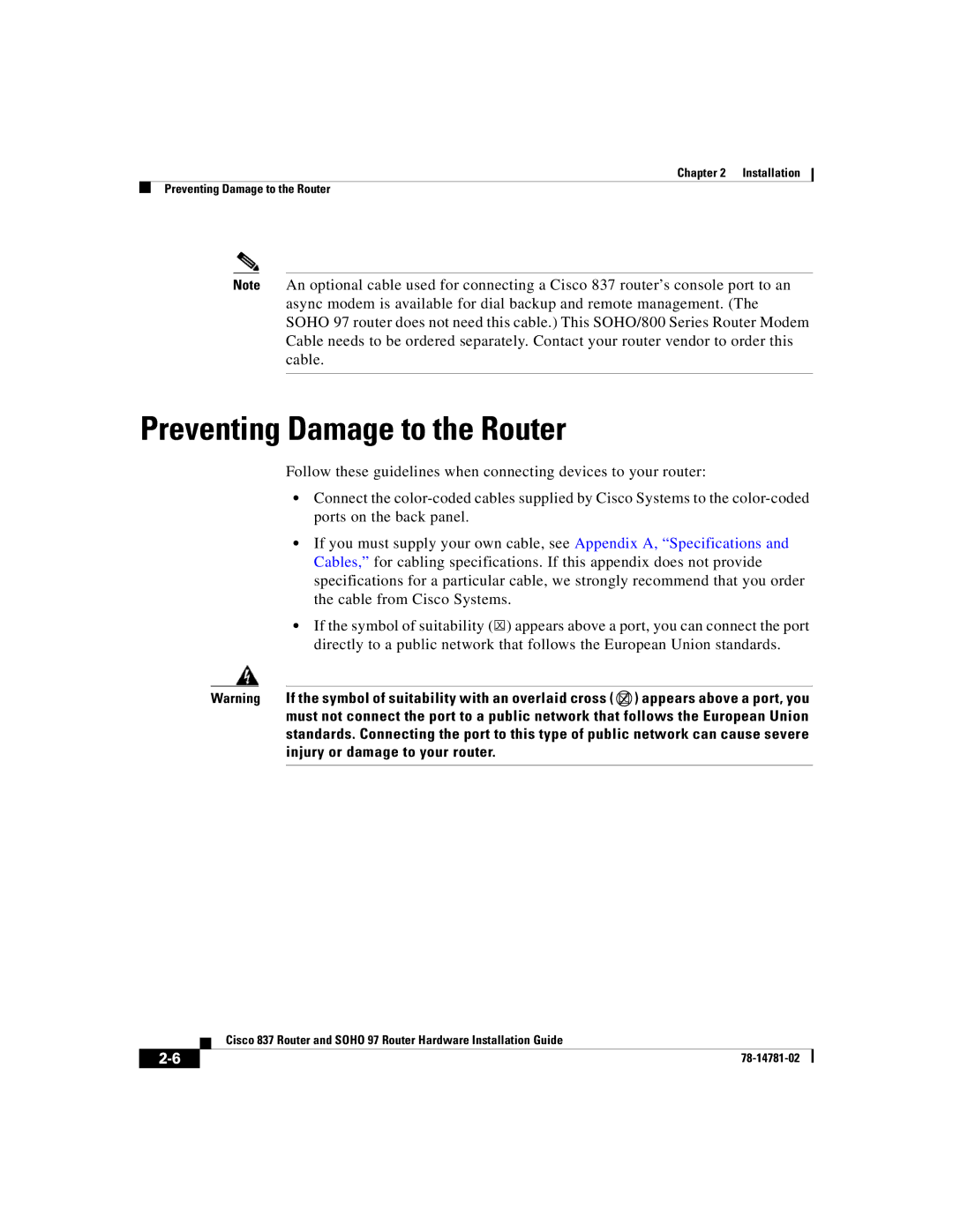 Cisco Systems 837, SOHO 97 manual Preventing Damage to the Router 