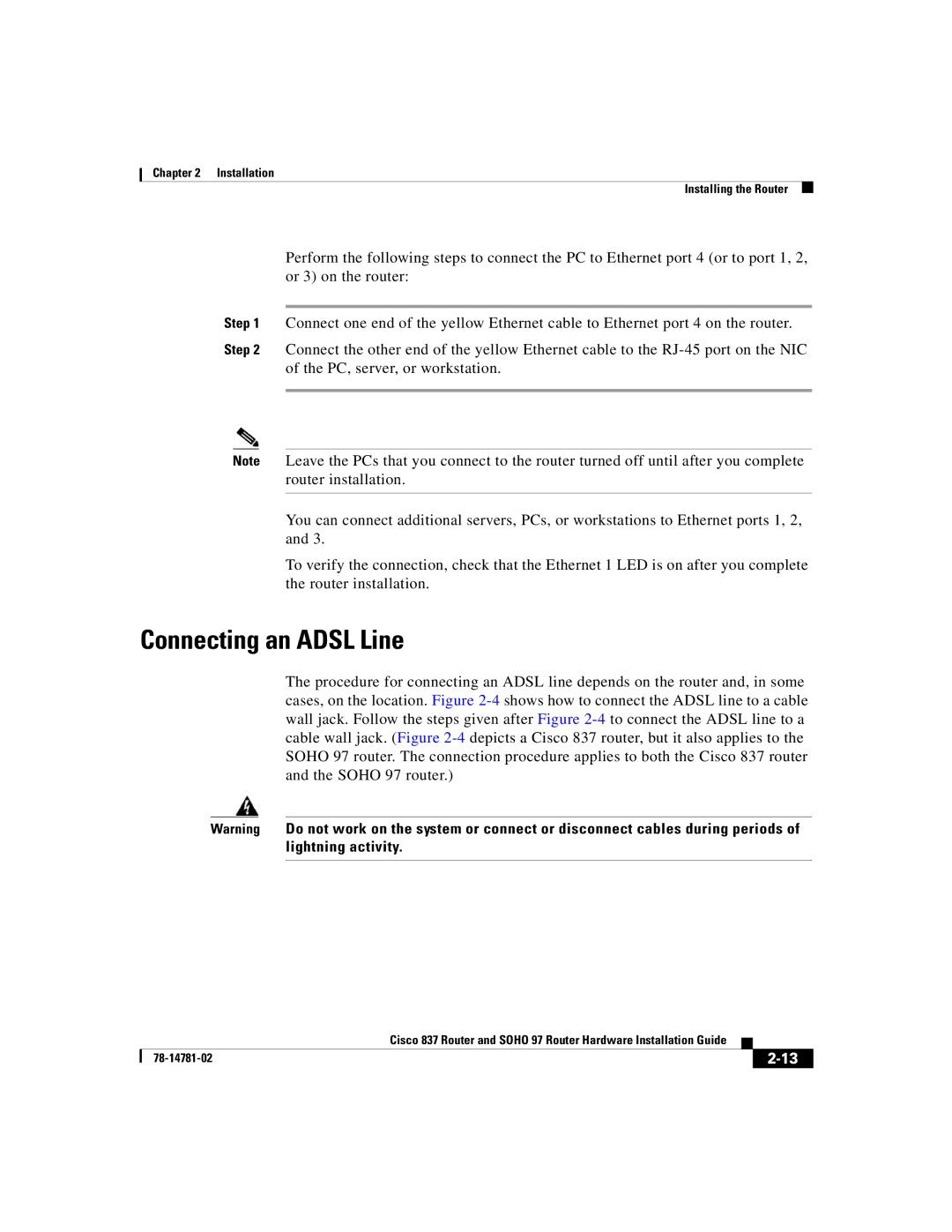 Cisco Systems SOHO 97, 837 manual Connecting an Adsl Line 