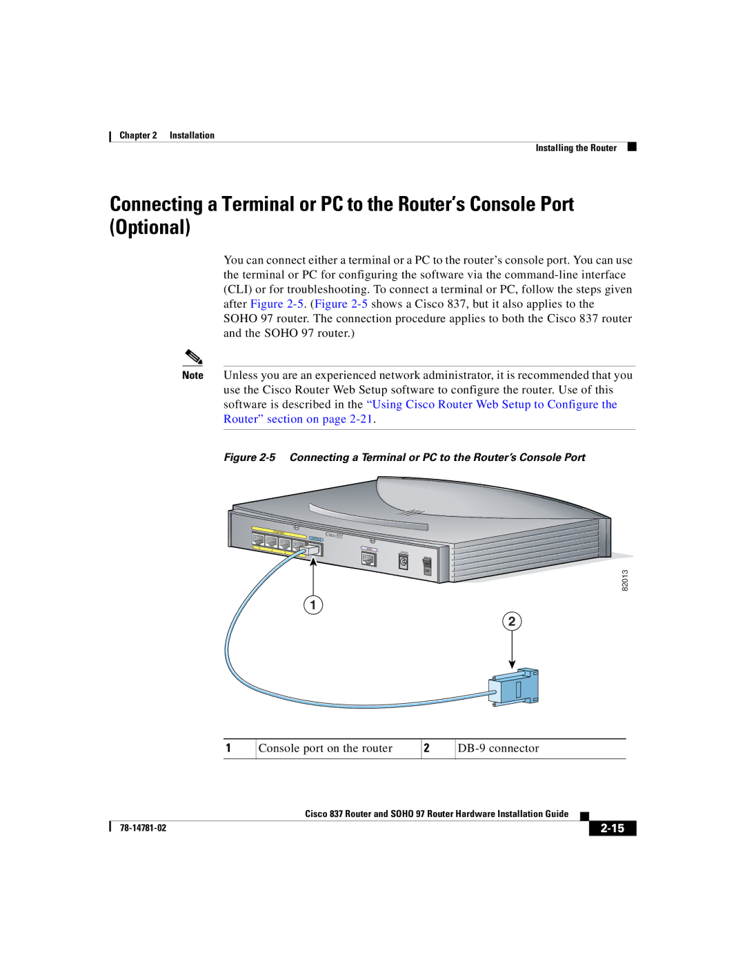 Cisco Systems SOHO 97, 837 manual Console port on the router DB-9 connector 