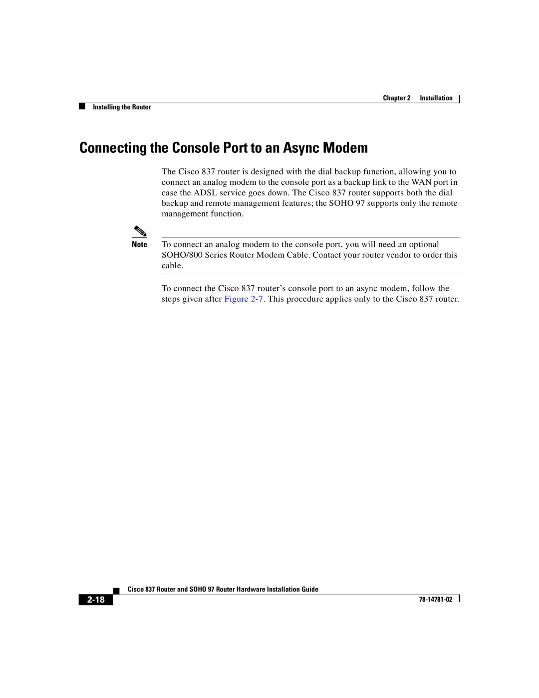 Cisco Systems 837, SOHO 97 manual Connecting the Console Port to an Async Modem 