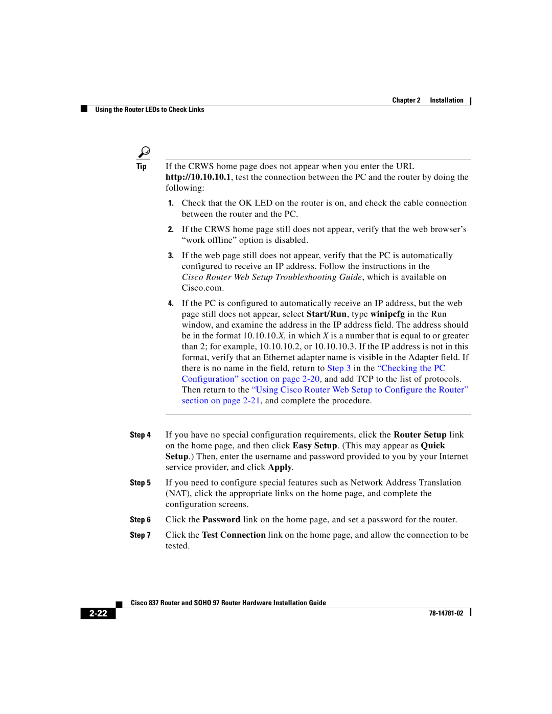 Cisco Systems 837, SOHO 97 manual Installation Using the Router LEDs to Check Links 