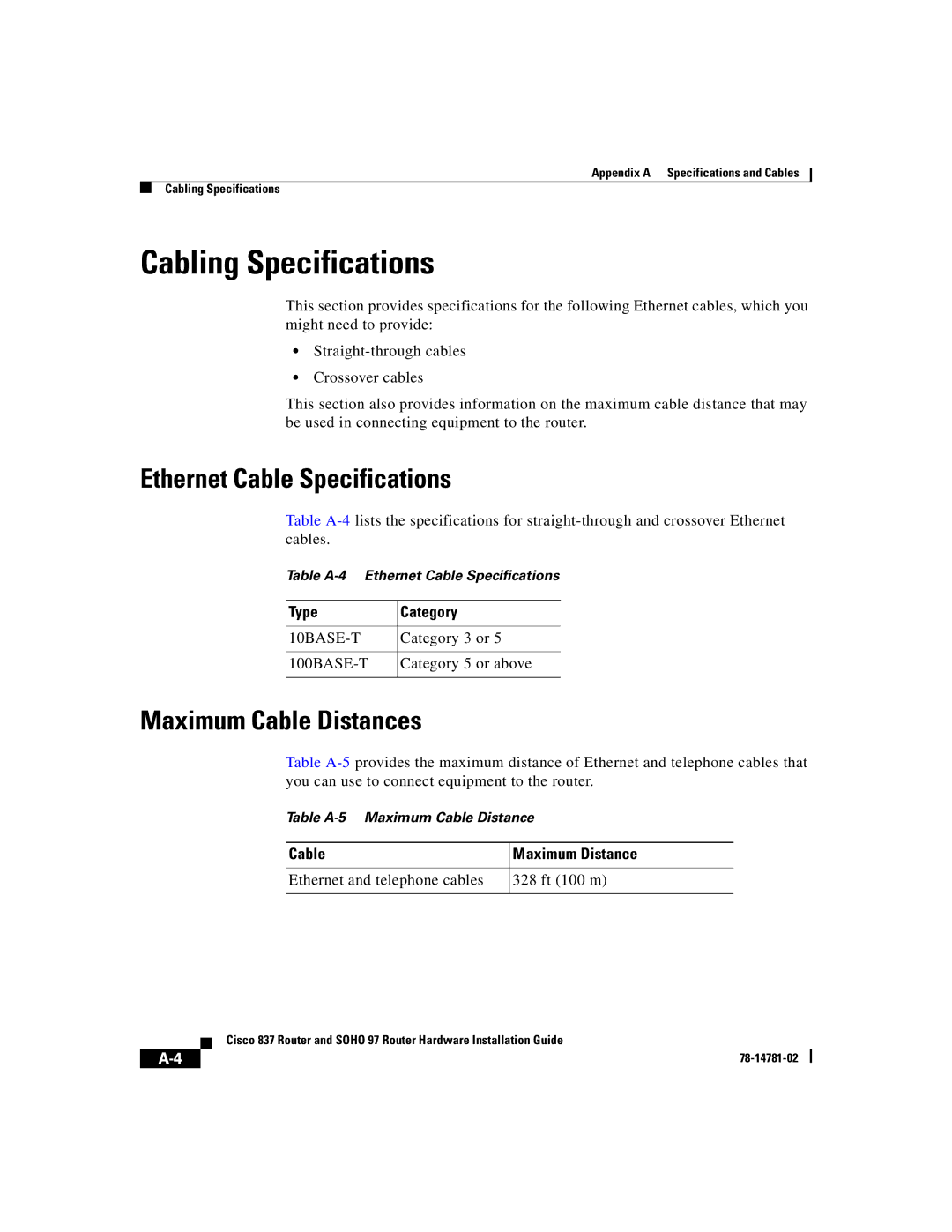 Cisco Systems 837, SOHO 97 manual Cabling Specifications, Ethernet Cable Specifications, Maximum Cable Distances 