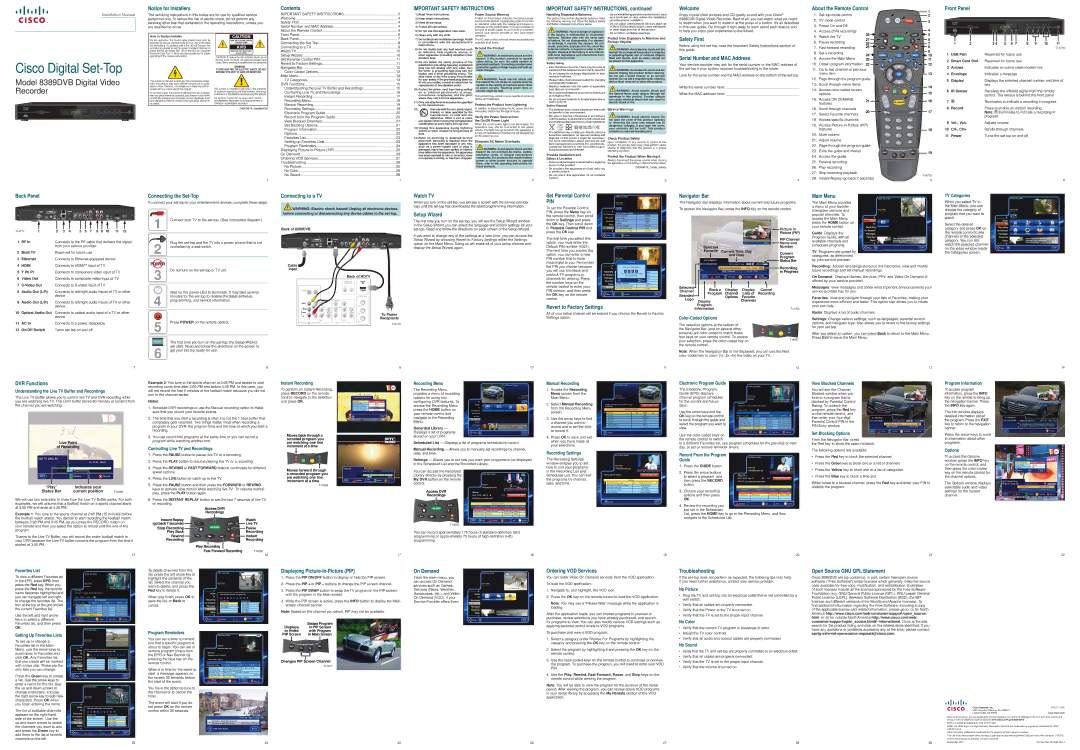Cisco Systems 8389DVB installation manual Safety First, Serial Number and MAC Address, Back Panel, Connecting the Set-Top 