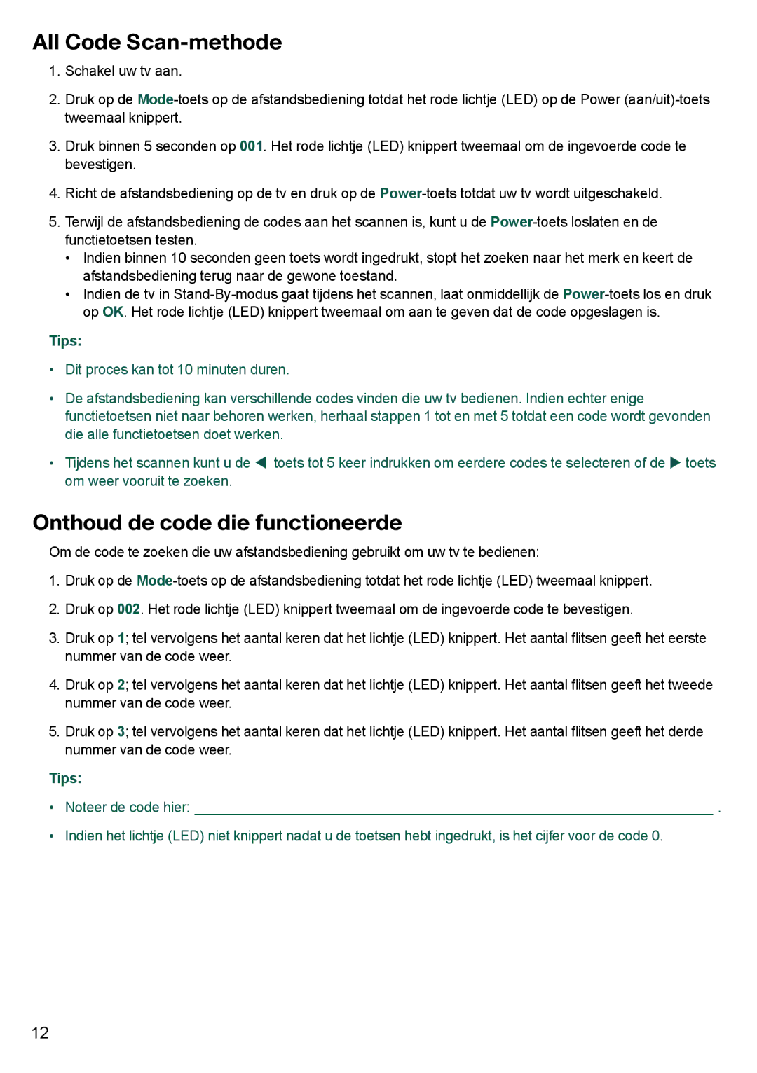 Cisco Systems 8455dvb manual All Code Scan-methode, Onthoud de code die functioneerde 