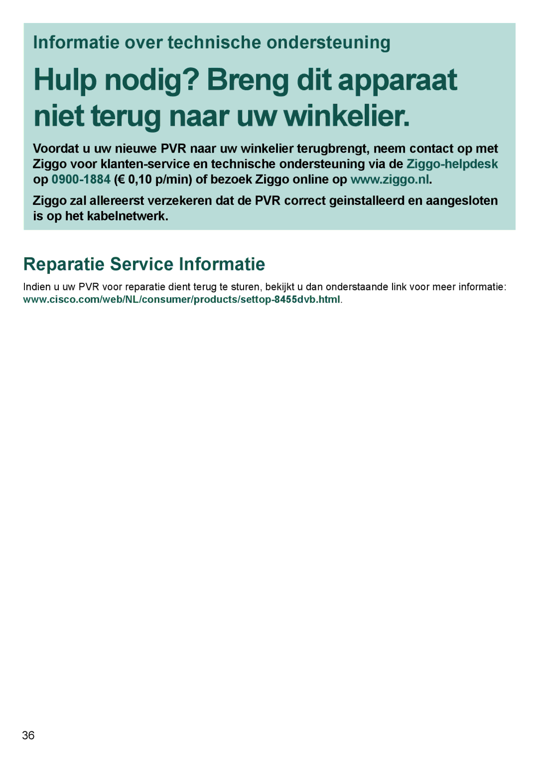 Cisco Systems 8455dvb manual Informatie over technische ondersteuning, Reparatie Service Informatie 