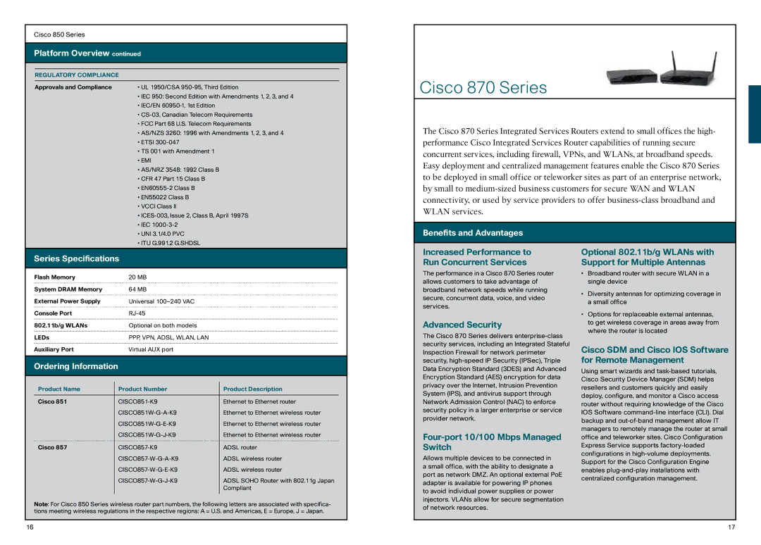 Cisco Systems 850 manual Cisco 870 Series 