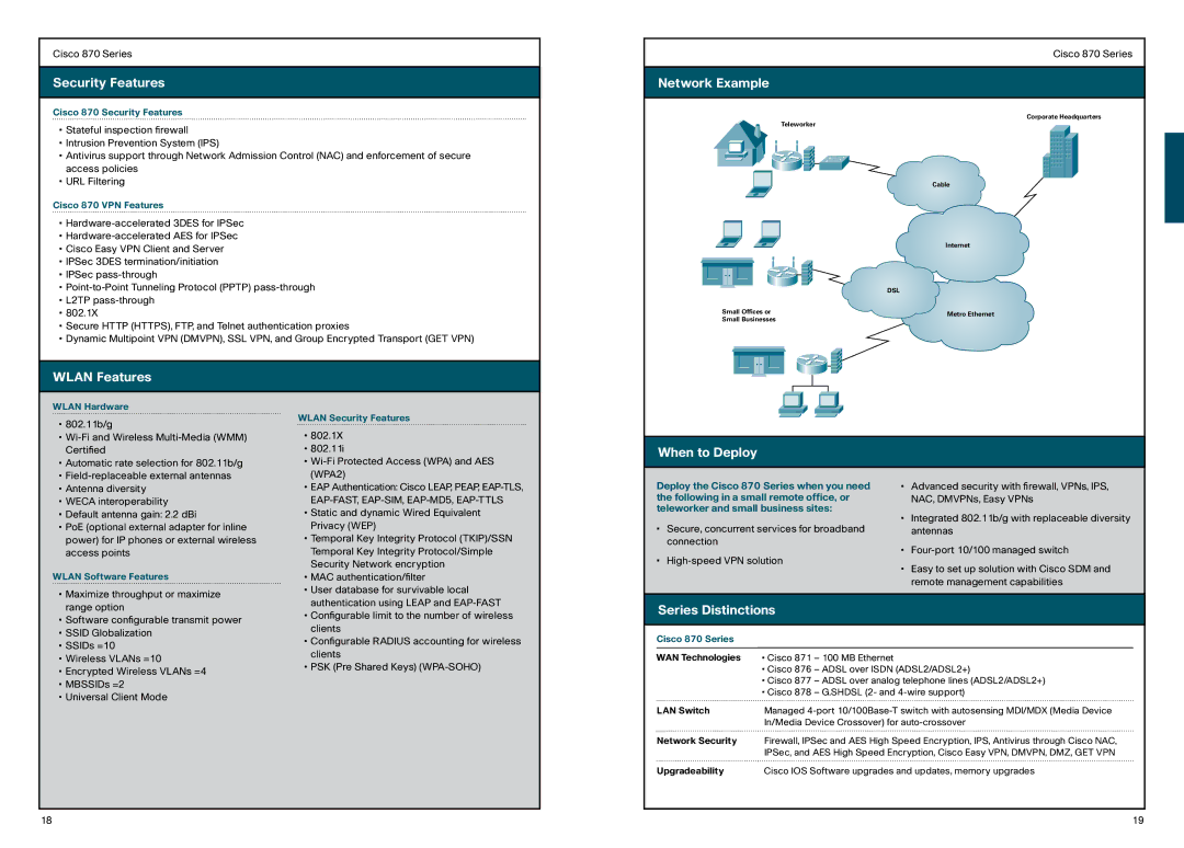 Cisco Systems 850 manual Cisco 870 Security Features, Cisco 870 VPN Features, Deploy the Cisco 870 Series when you need 