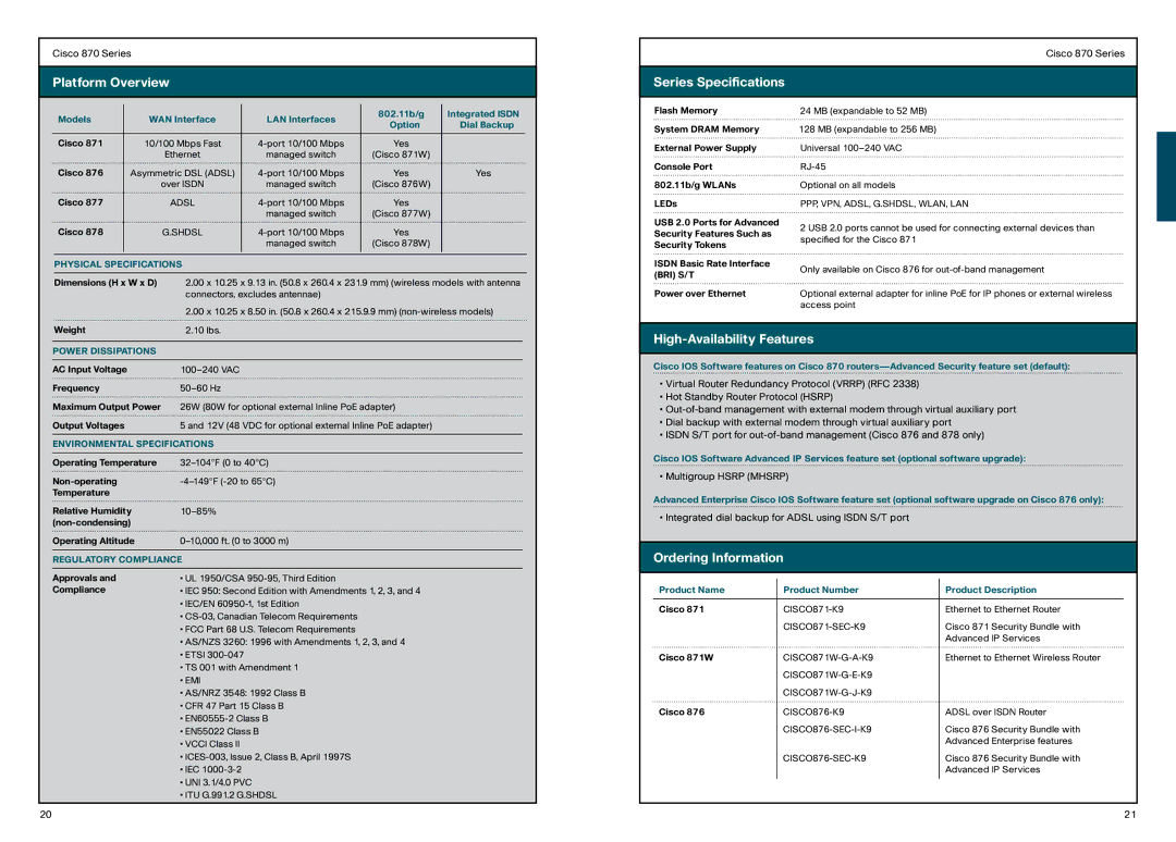 Cisco Systems 850, 870 manual High-Availability Features 