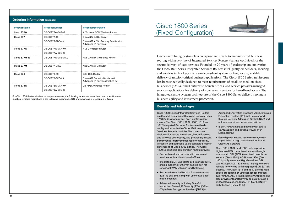 Cisco Systems 870, 850 manual Cisco 1800 Series Fixed-Configuration, Benefits and Advantages 