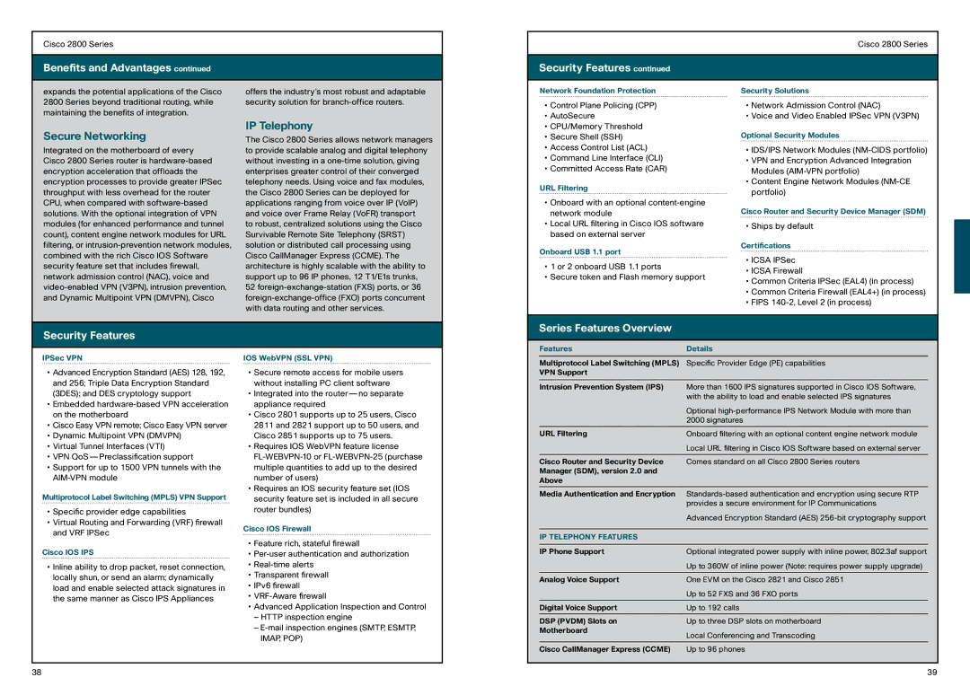 Cisco Systems 870, 850 manual Secure Networking, IP Telephony, Security Features Series Features Overview, Features Details 