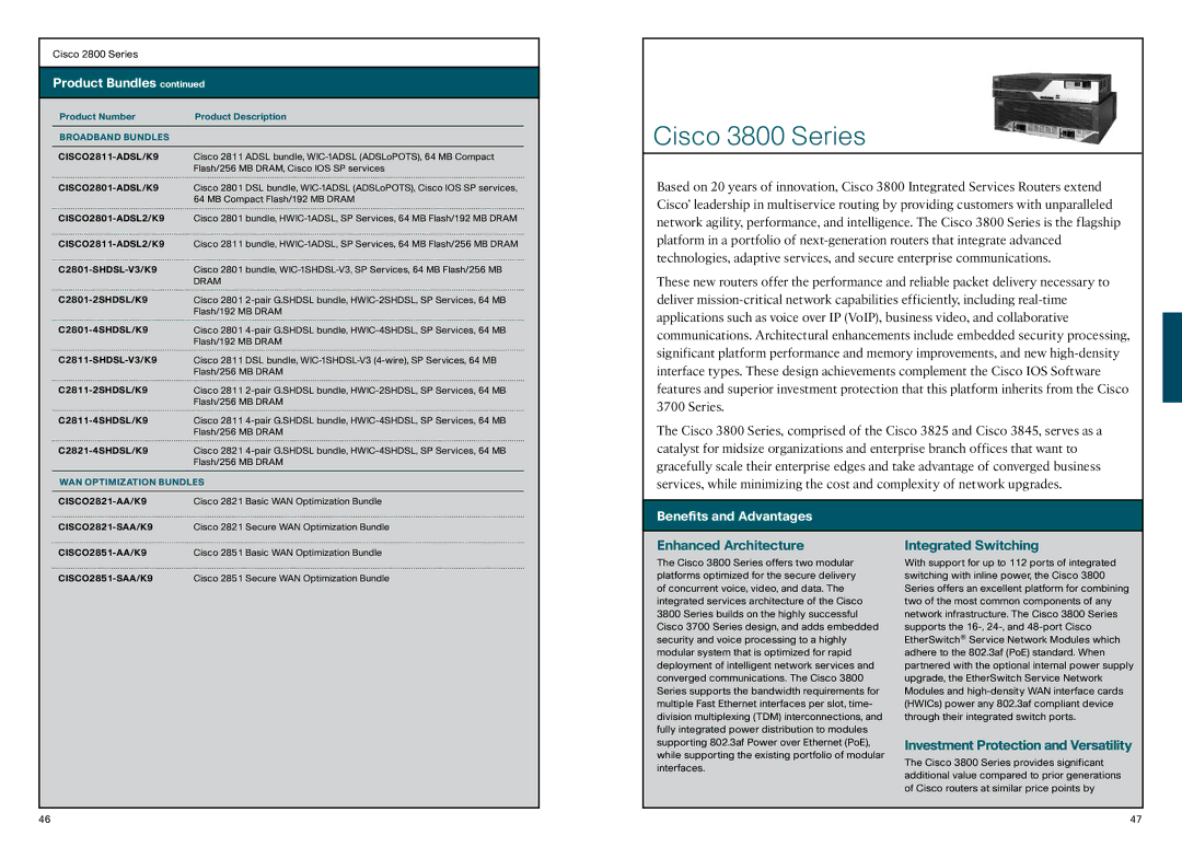 Cisco Systems 870 Cisco 3800 Series, Investment Protection and Versatility, Broadband Bundles, WAN Optimization Bundles 