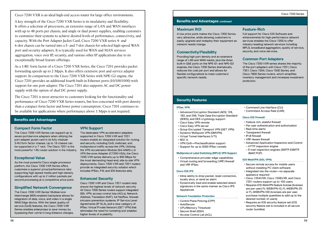 Cisco Systems 870, 850 manual Maximum ROI, Connectivity/Flexibility, Feature-Rich, Common Port Adapters, Compact Form Factor 