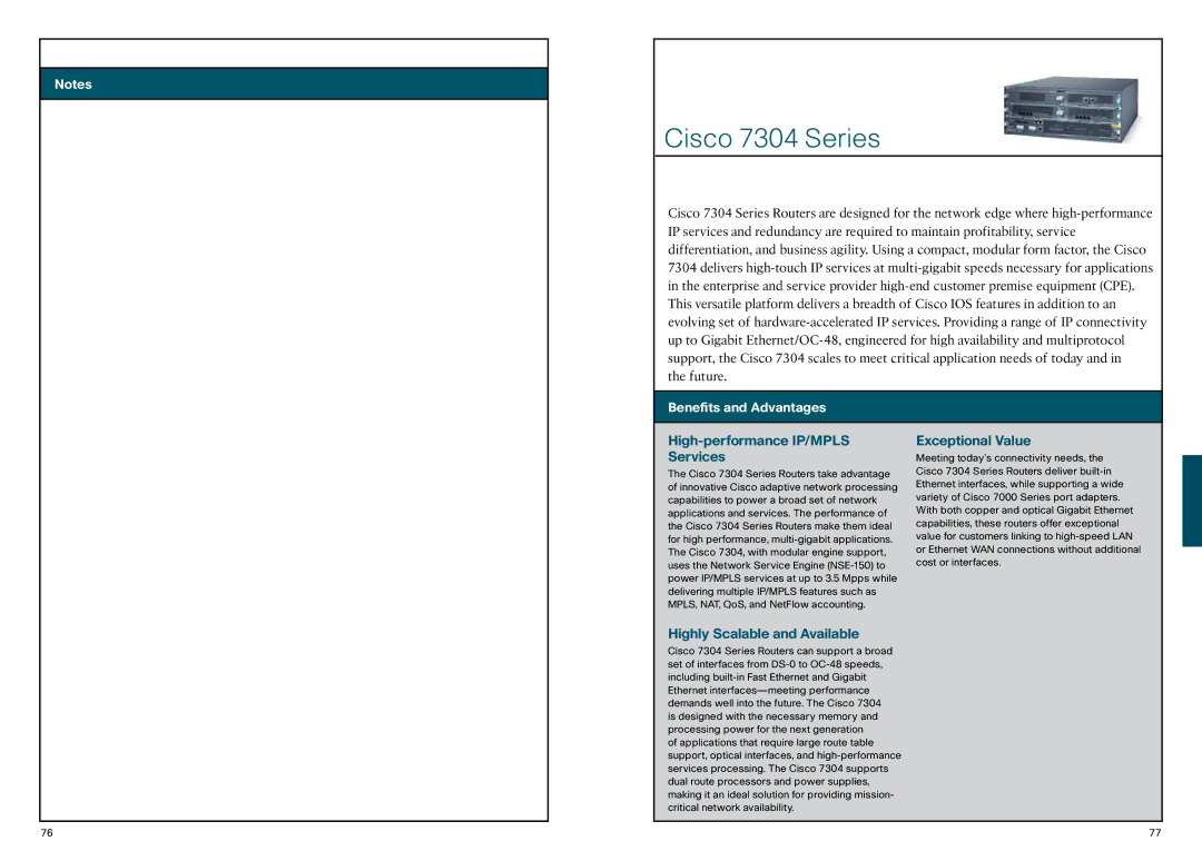 Cisco Systems 850, 870 manual Cisco 7304 Series, High-performance IP/MPLS Services, Highly Scalable and Available 