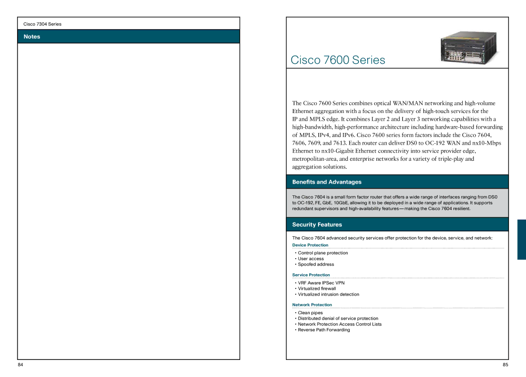 Cisco Systems 850, 870 manual Cisco 7600 Series, Device Protection, Service Protection, Network Protection 