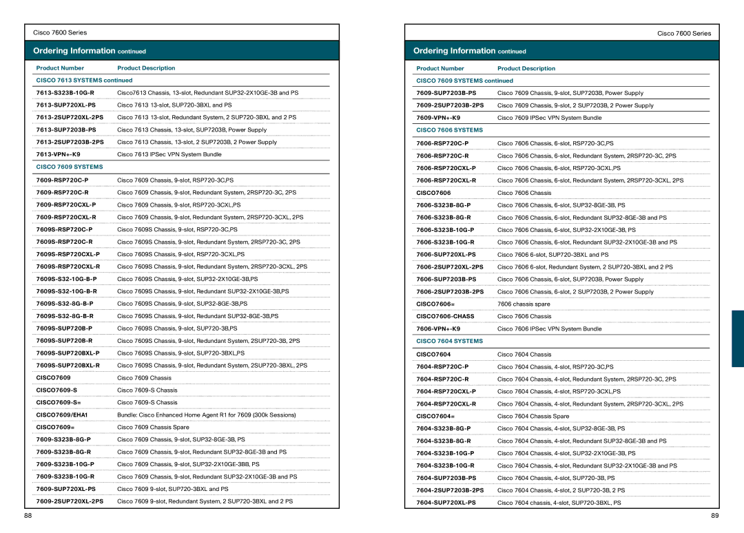 Cisco Systems 850, 870 manual Cisco 7609 Systems, Cisco 7606 Systems, Cisco 7604 Systems 