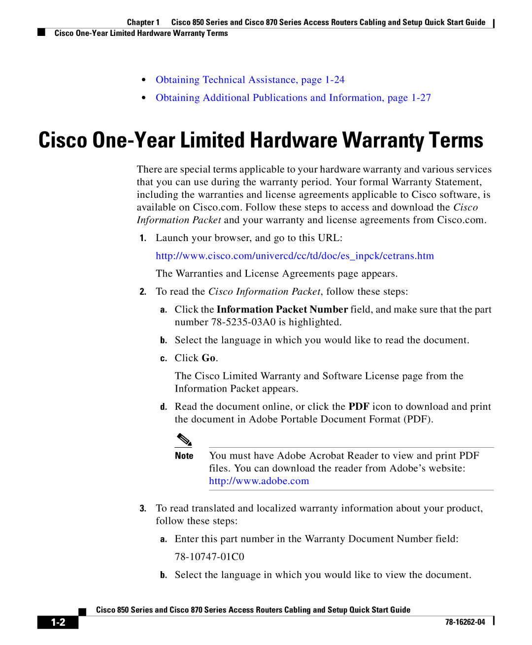 Cisco Systems 850 Series, 870 Series quick start Cisco One-Year Limited Hardware Warranty Terms 