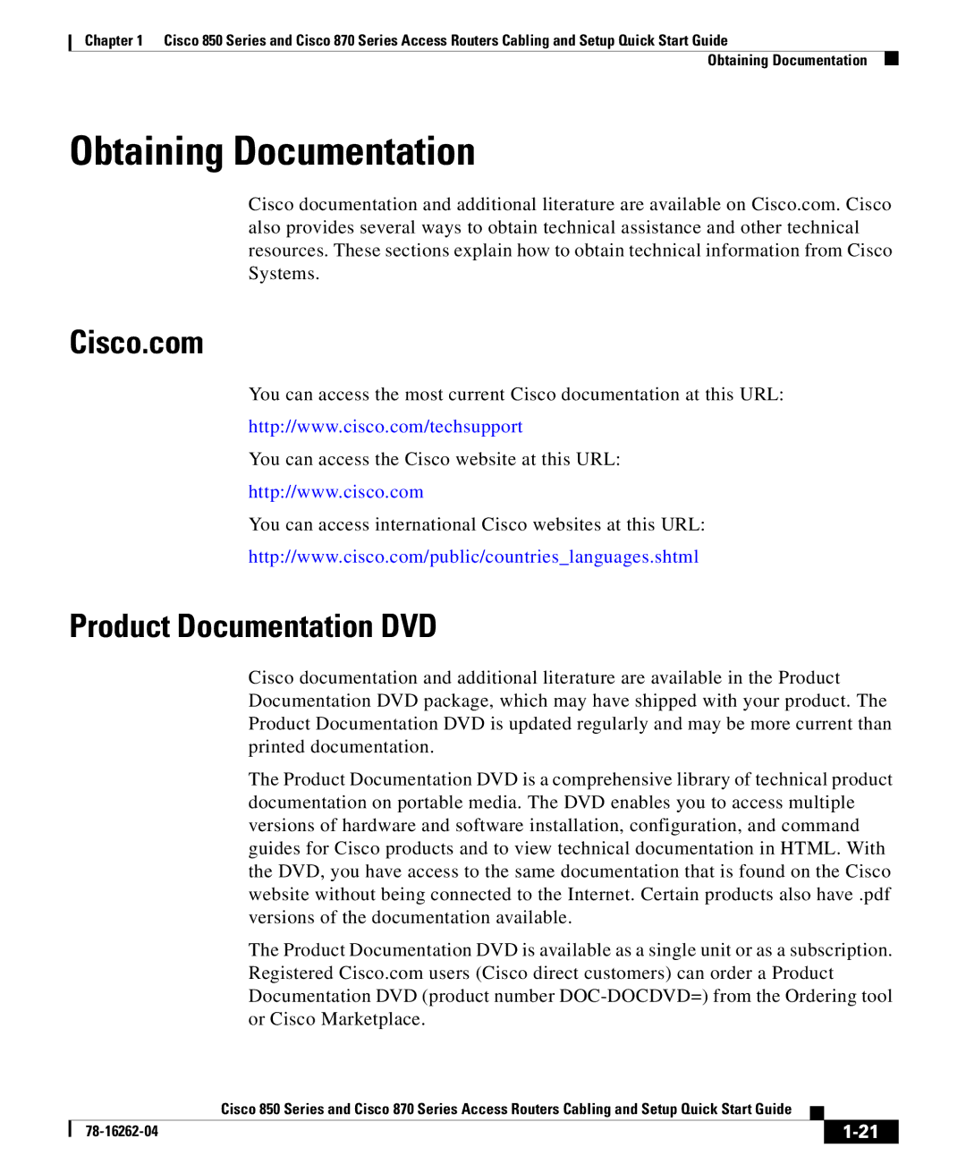 Cisco Systems 870 Series, 850 Series quick start Obtaining Documentation, Cisco.com, Product Documentation DVD 