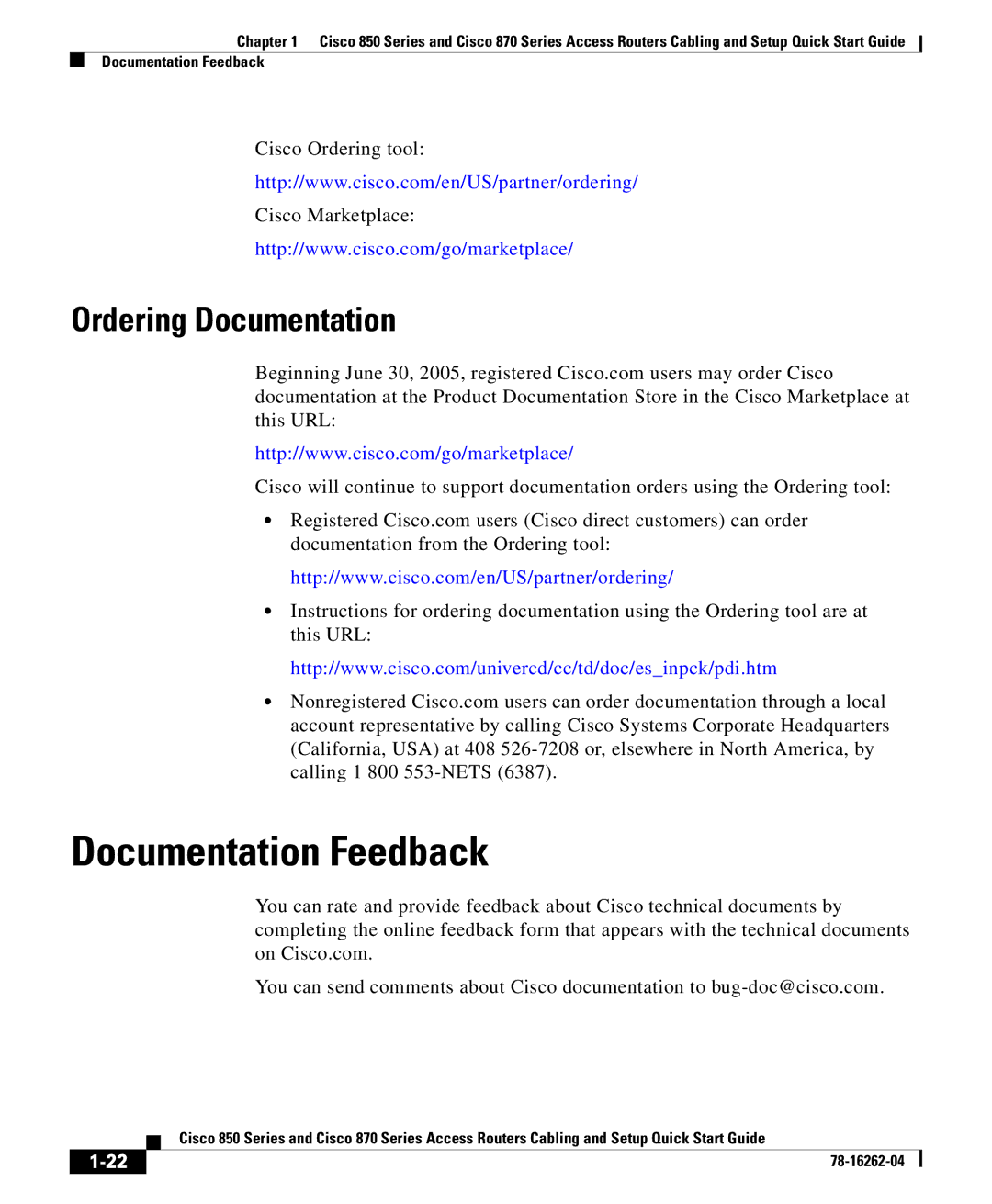 Cisco Systems 850 Series, 870 Series quick start Documentation Feedback, Ordering Documentation 