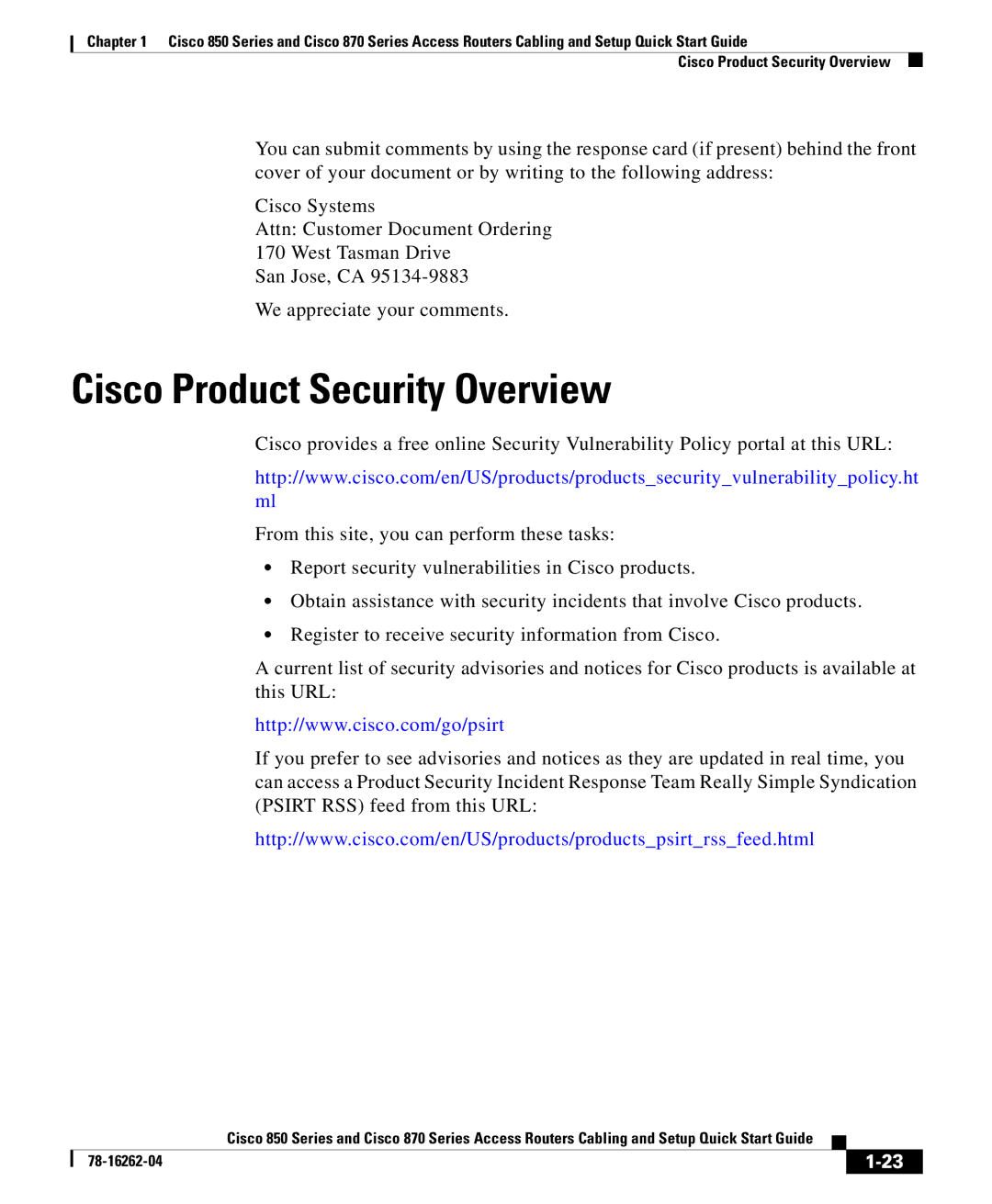 Cisco Systems 870 Series, 850 Series quick start Cisco Product Security Overview 