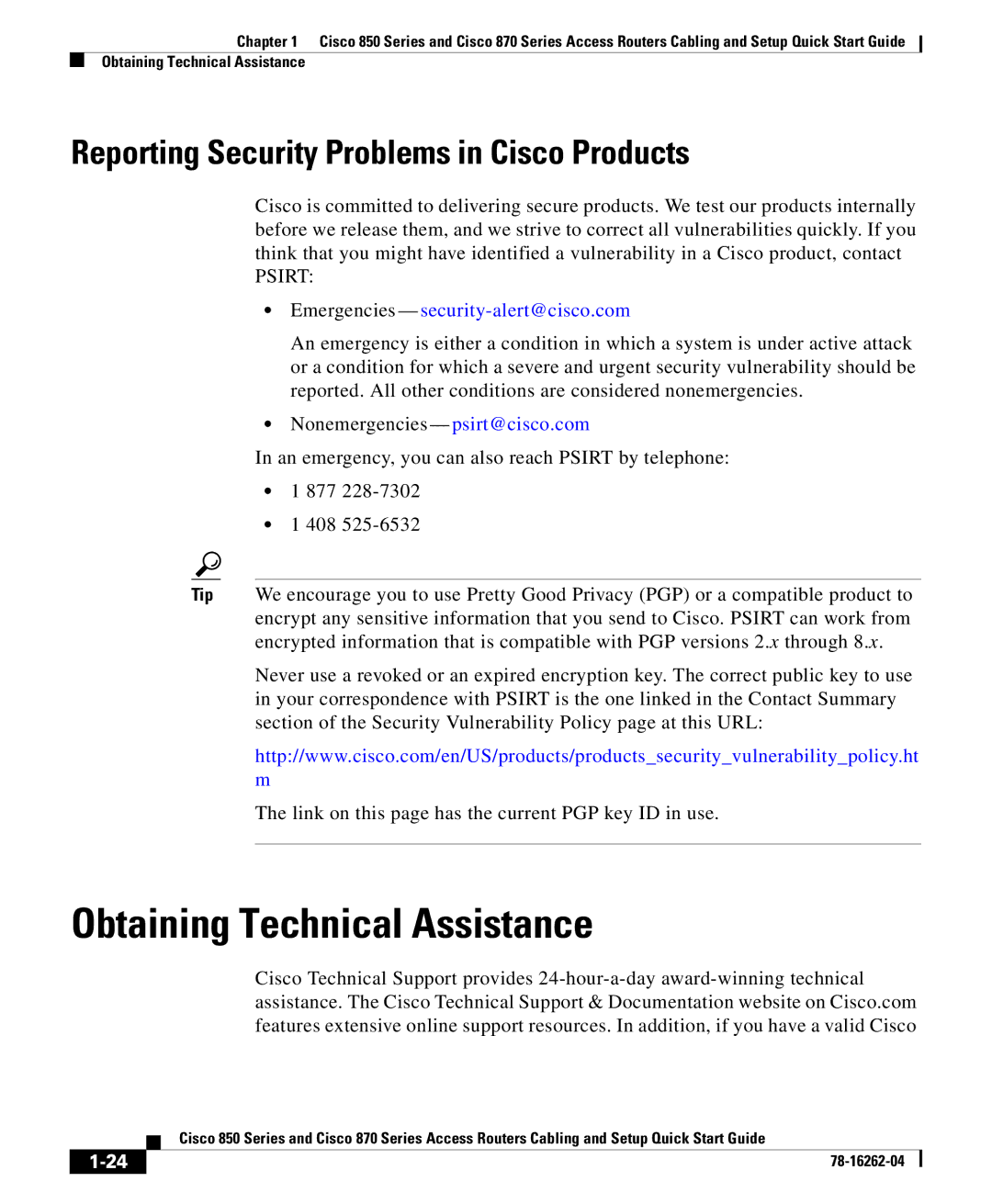 Cisco Systems 850 Series, 870 Series Obtaining Technical Assistance, Reporting Security Problems in Cisco Products 