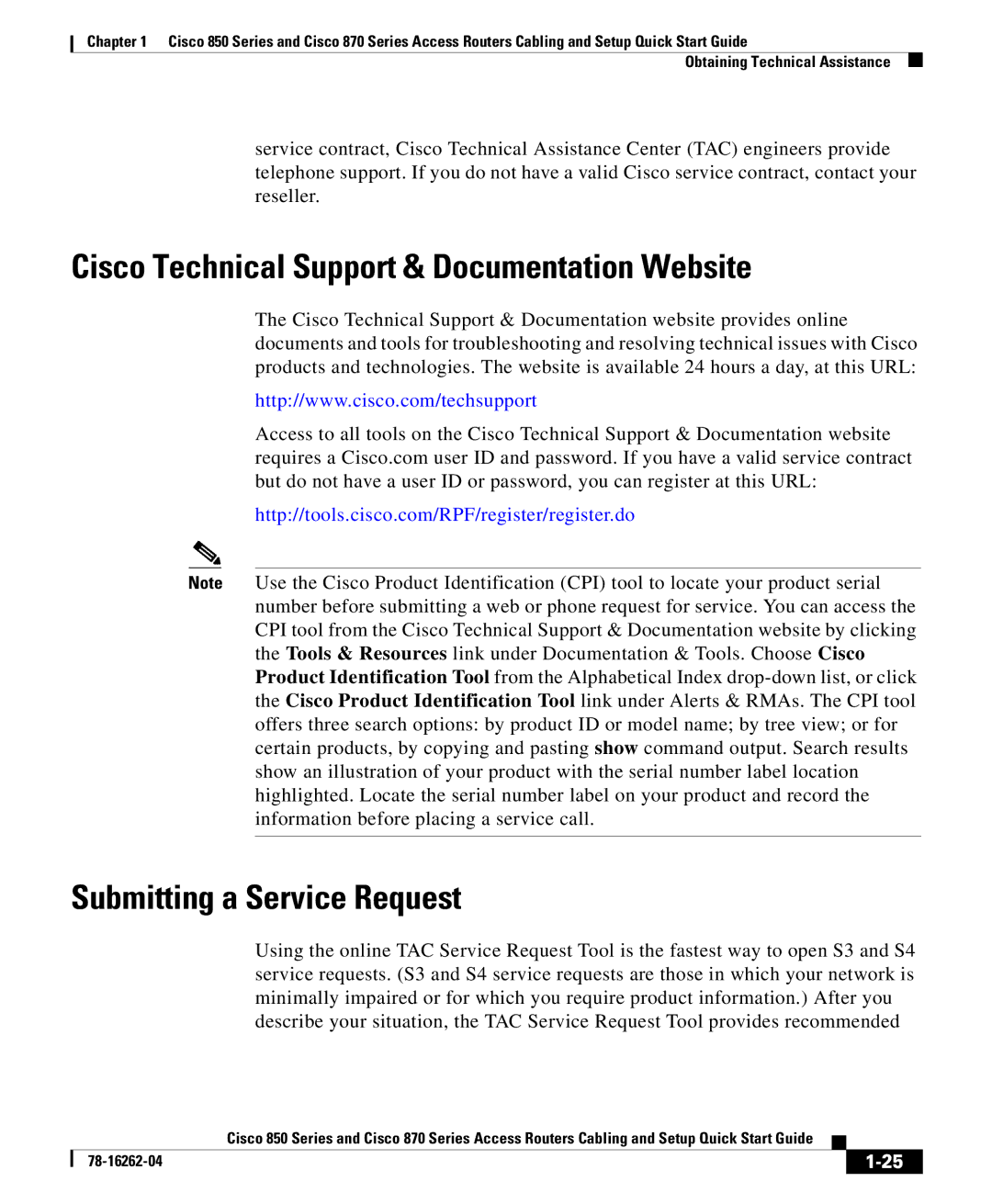 Cisco Systems 870 Series, 850 Series Cisco Technical Support & Documentation Website, Submitting a Service Request 