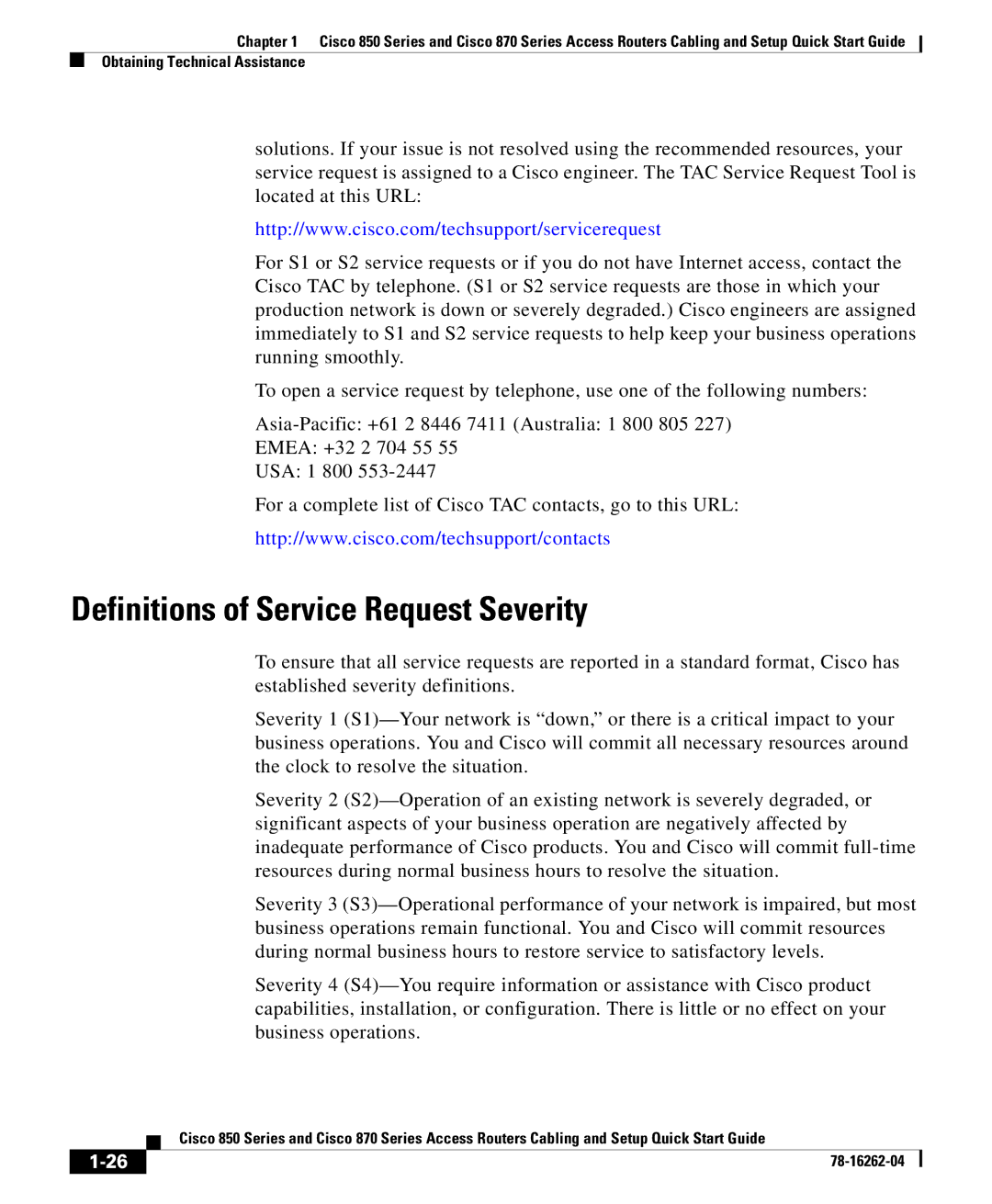 Cisco Systems 850 Series, 870 Series quick start Definitions of Service Request Severity 