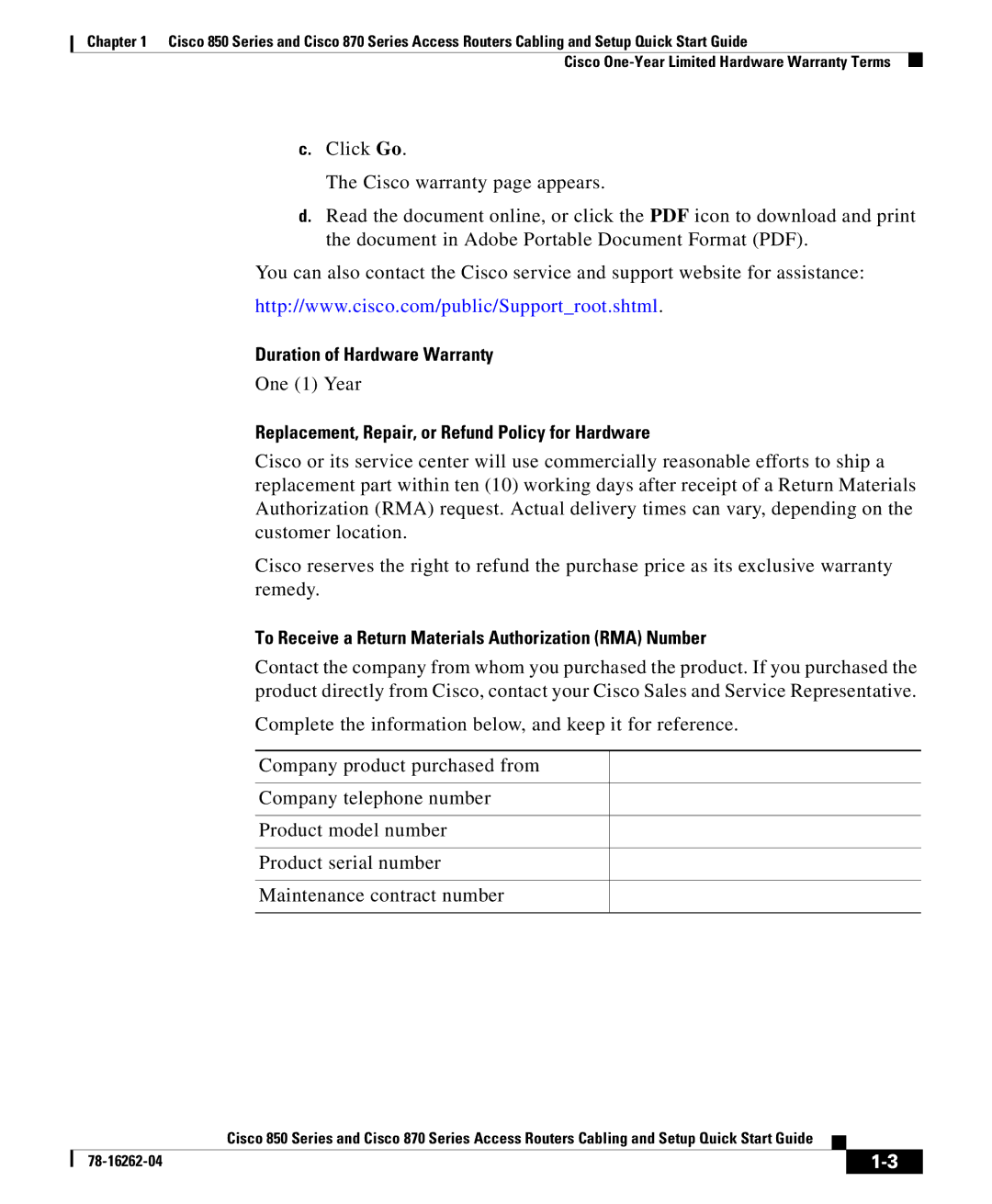 Cisco Systems 870 Series, 850 Series quick start Duration of Hardware Warranty 