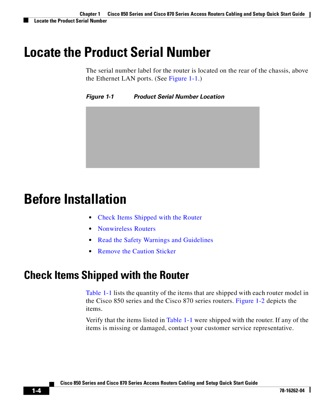 Cisco Systems 850 Series Locate the Product Serial Number, Before Installation, Check Items Shipped with the Router 