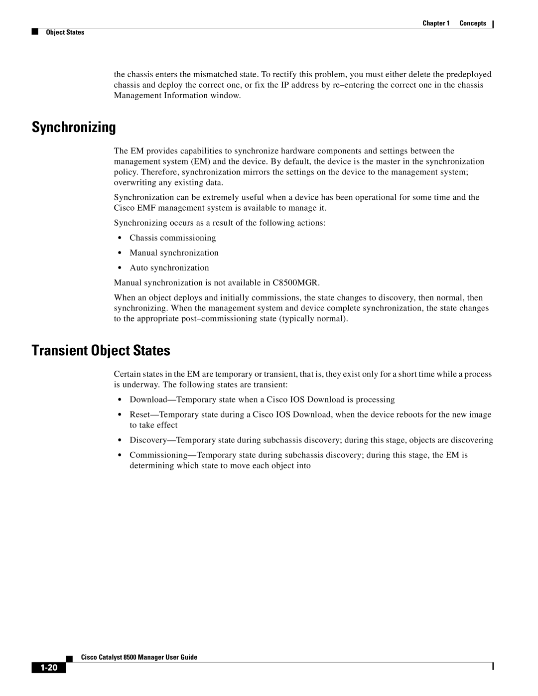 Cisco Systems 8500 manual Synchronizing, Transient Object States 