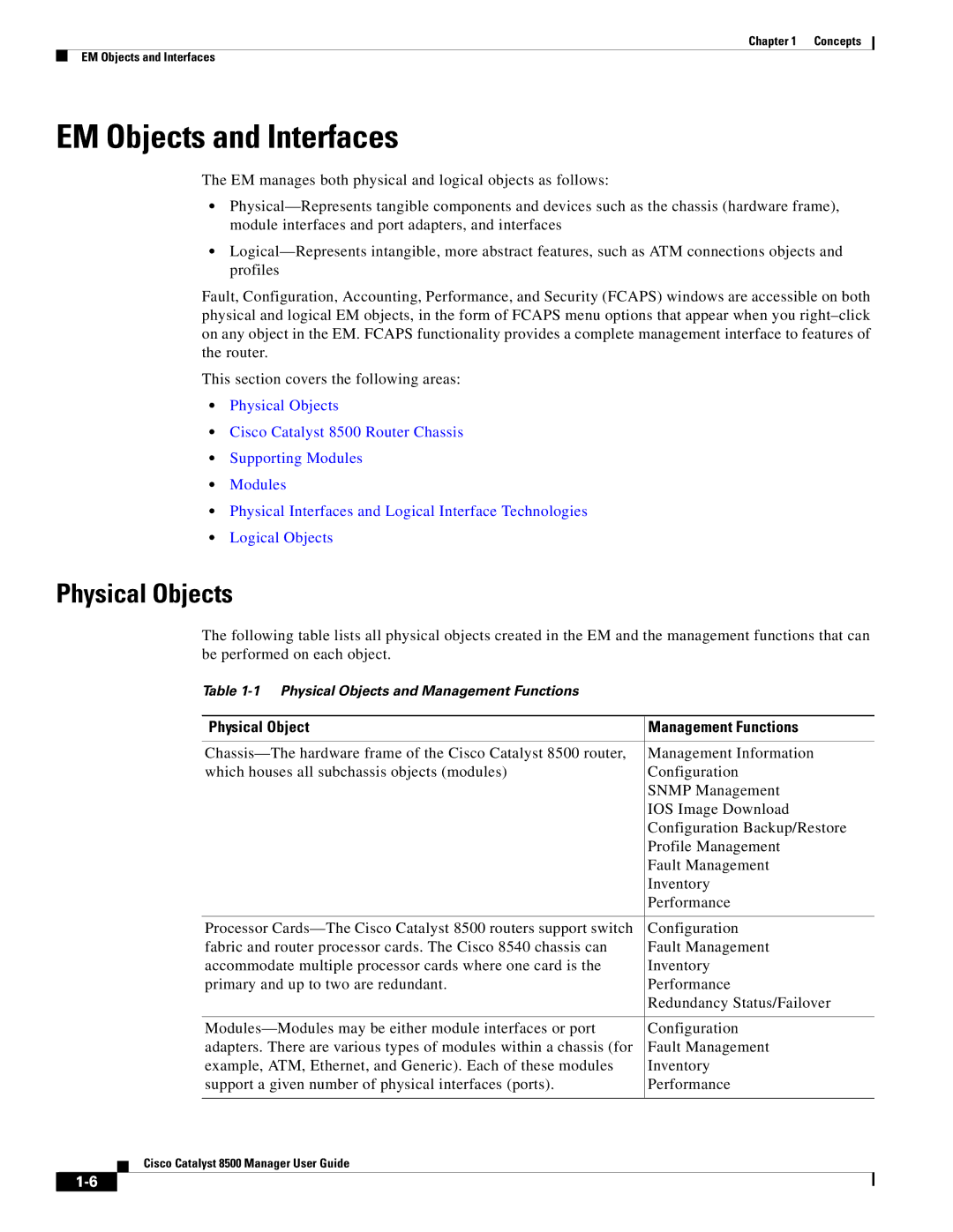 Cisco Systems 8500 manual EM Objects and Interfaces, Physical Objects 