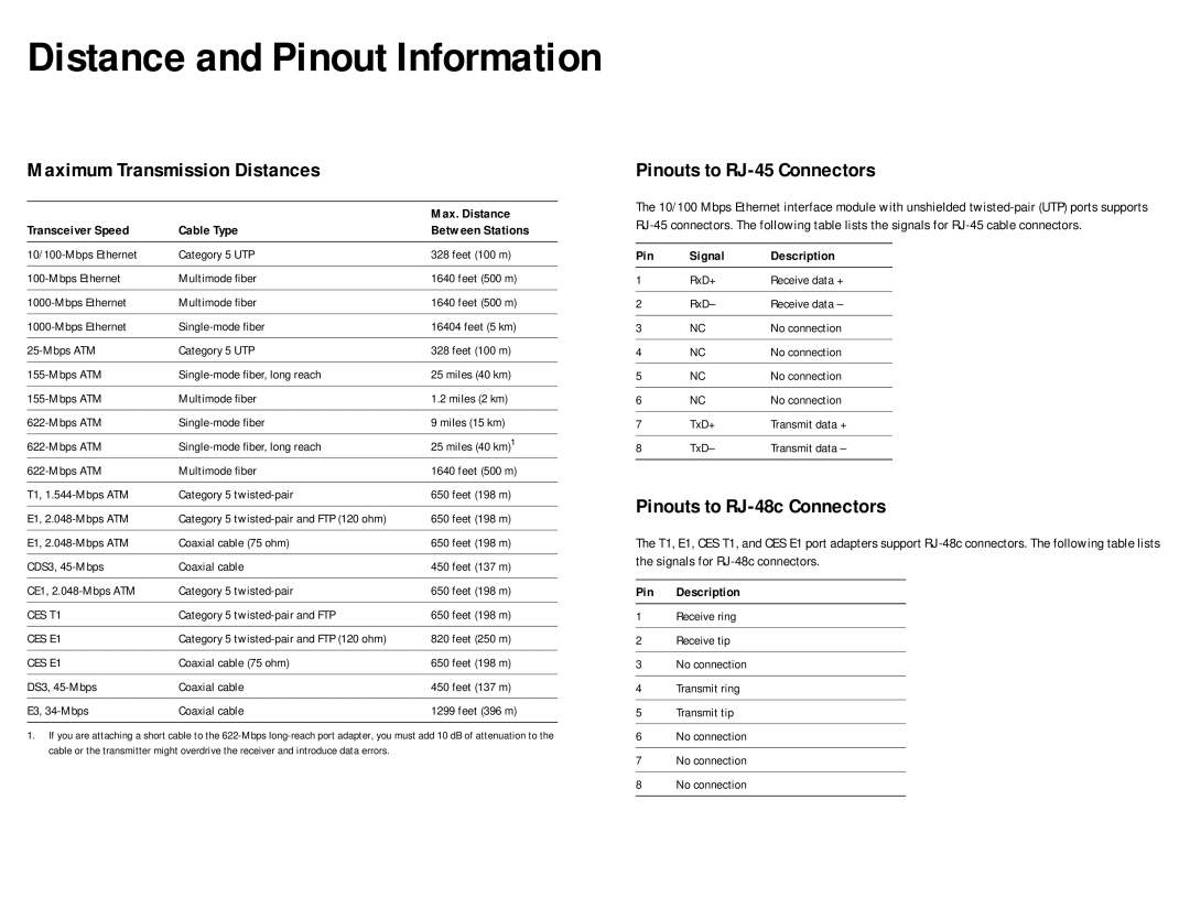 Cisco Systems 8510 manual Distance and Pinout Information, Max. Distance, Transceiver Speed Cable Type Between Stations 