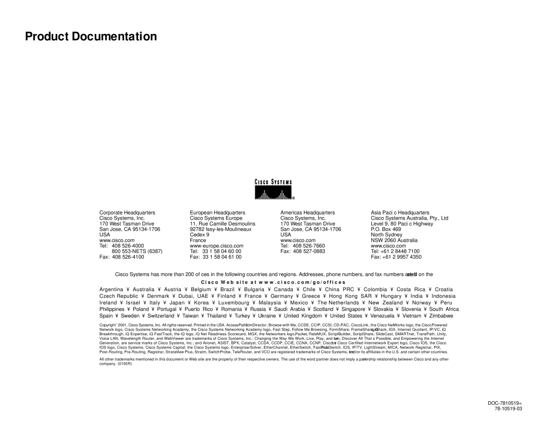 Cisco Systems 8510 manual Product Documentation 