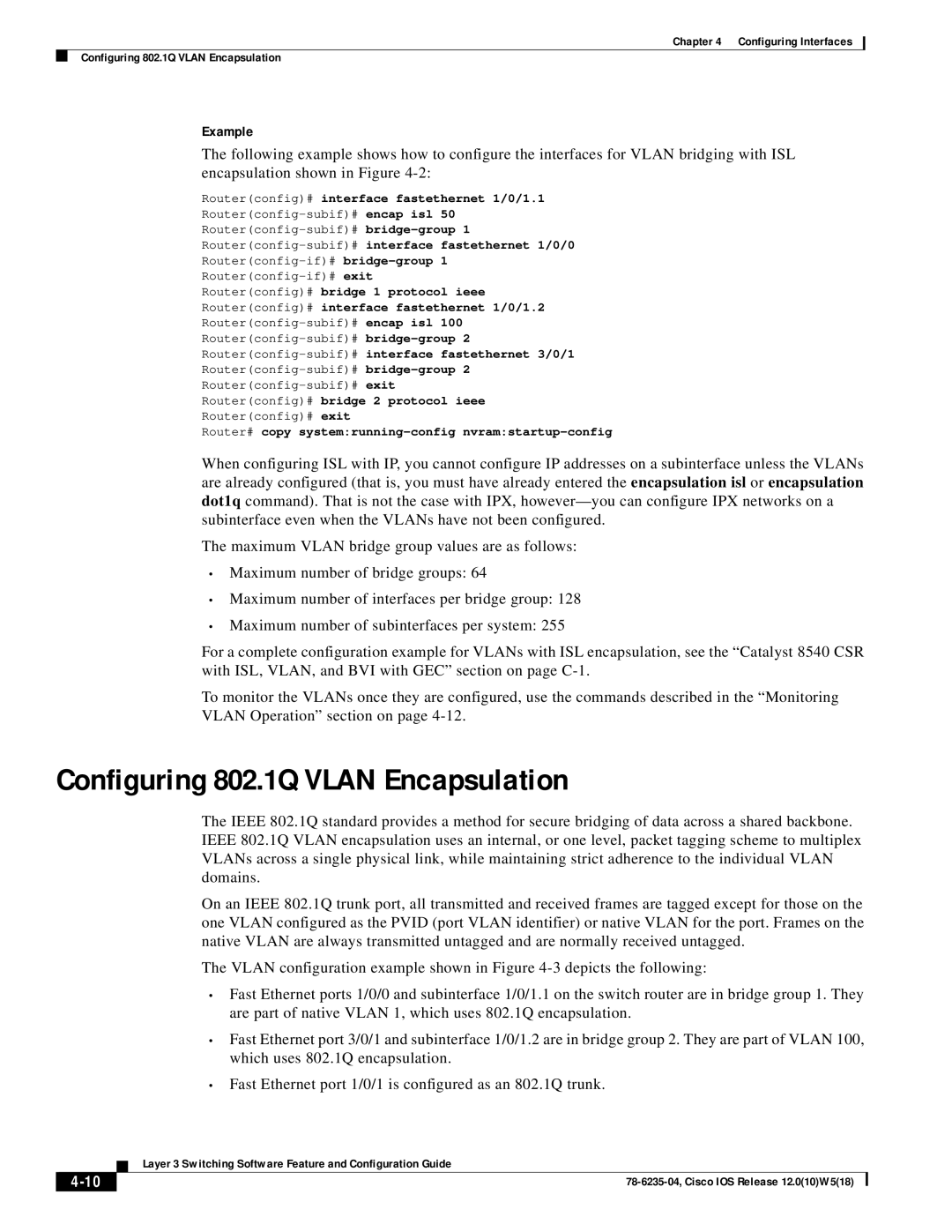 Cisco Systems 8540 CSR, 8510 CSR Configuring 802.1Q Vlan Encapsulation, Routerconfig# interface fastethernet 1/0/1.1 