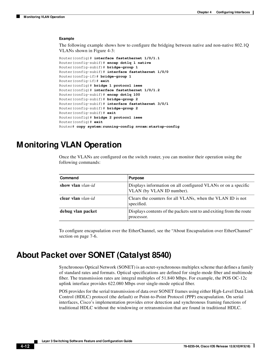 Cisco Systems 8540 CSR, 8510 CSR appendix Monitoring Vlan Operation, About Packet over Sonet Catalyst 