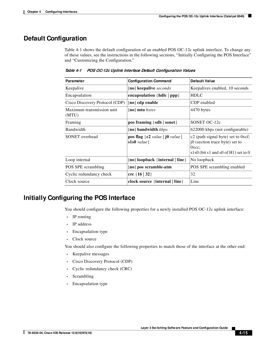 Cisco Systems 8540 CSR, 8510 CSR appendix Default Configuration, Initially Configuring the POS Interface 