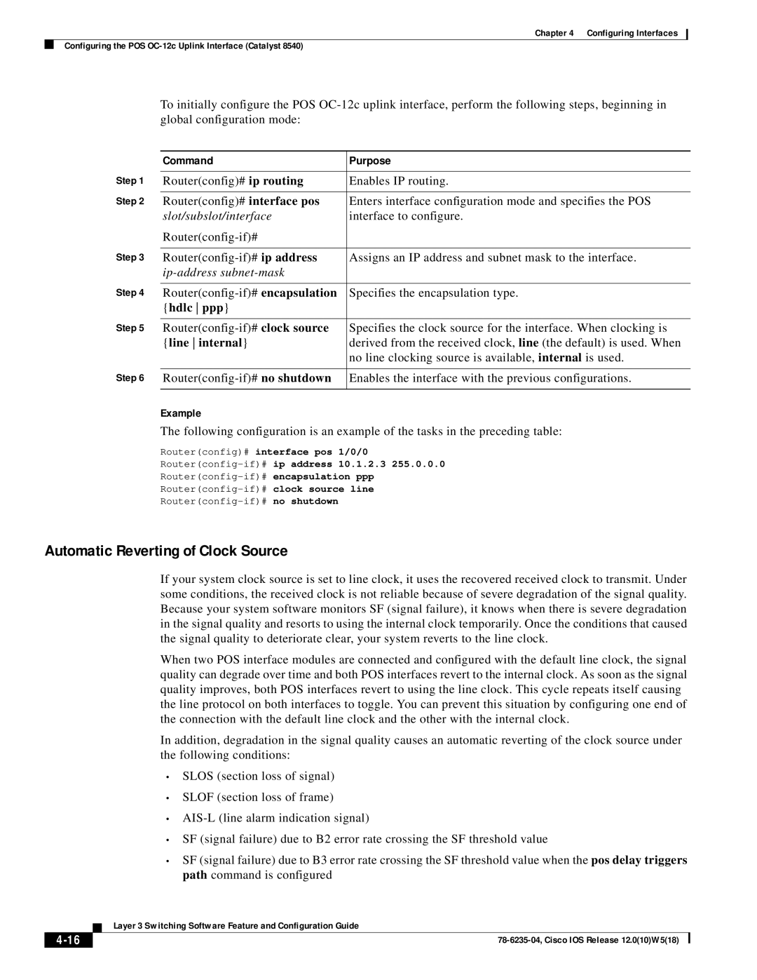 Cisco Systems 8540 CSR, 8510 CSR Automatic Reverting of Clock Source, Ip-address subnet-mask, Hdlc ppp, Line internal 