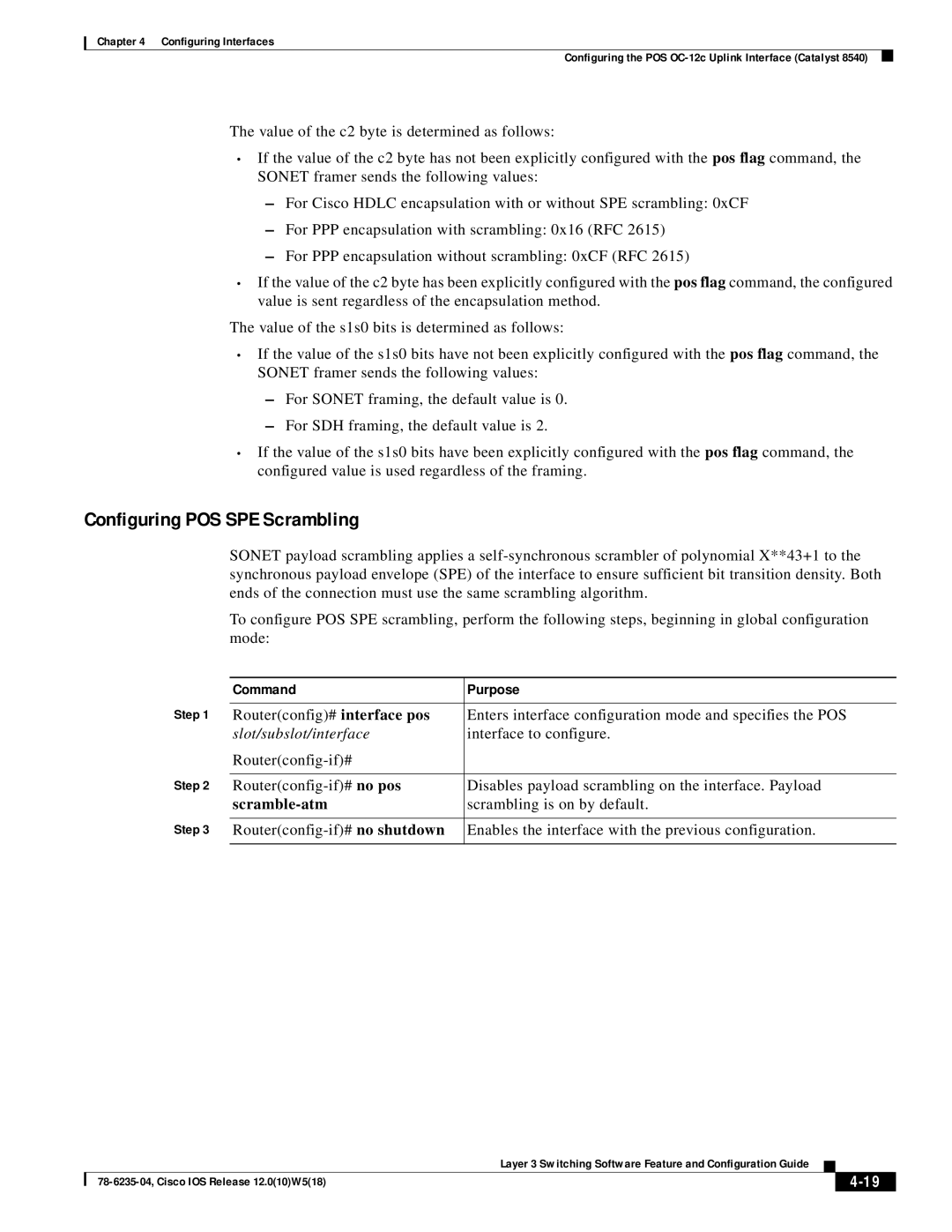 Cisco Systems 8540 CSR, 8510 CSR appendix Configuring POS SPE Scrambling, Scramble-atm, Scrambling is on by default 