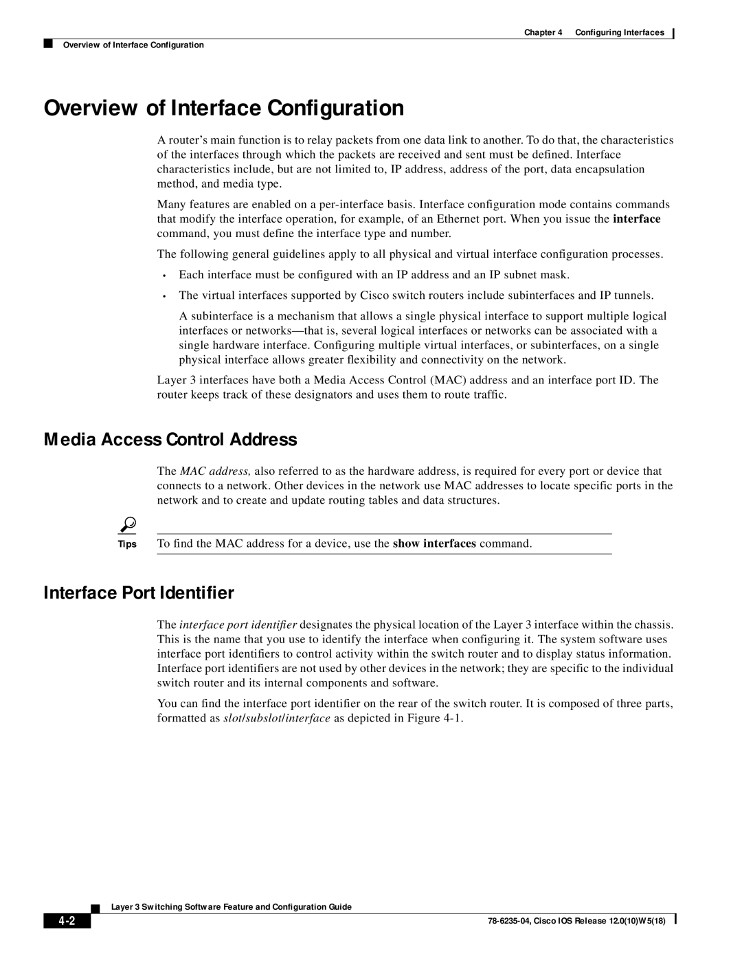 Cisco Systems 8510 CSR, 8540 Overview of Interface Configuration, Media Access Control Address, Interface Port Identifier 