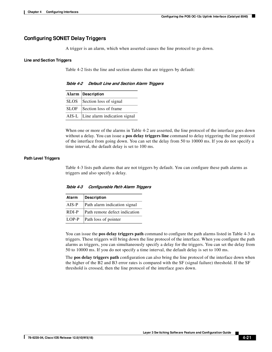 Cisco Systems 8540 CSR, 8510 CSR appendix Configuring Sonet Delay Triggers, Alarm Description 