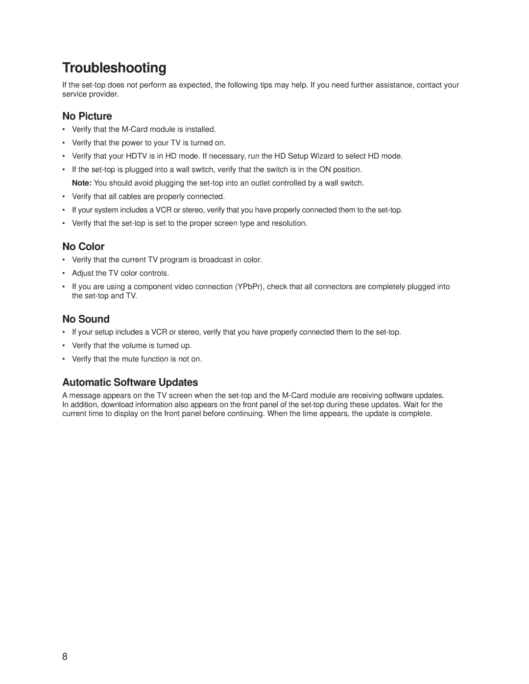 Cisco Systems 8550HDC, 8540HDC, 8450HDC manual Troubleshooting, No Picture, No Color, No Sound, Automatic Software Updates 