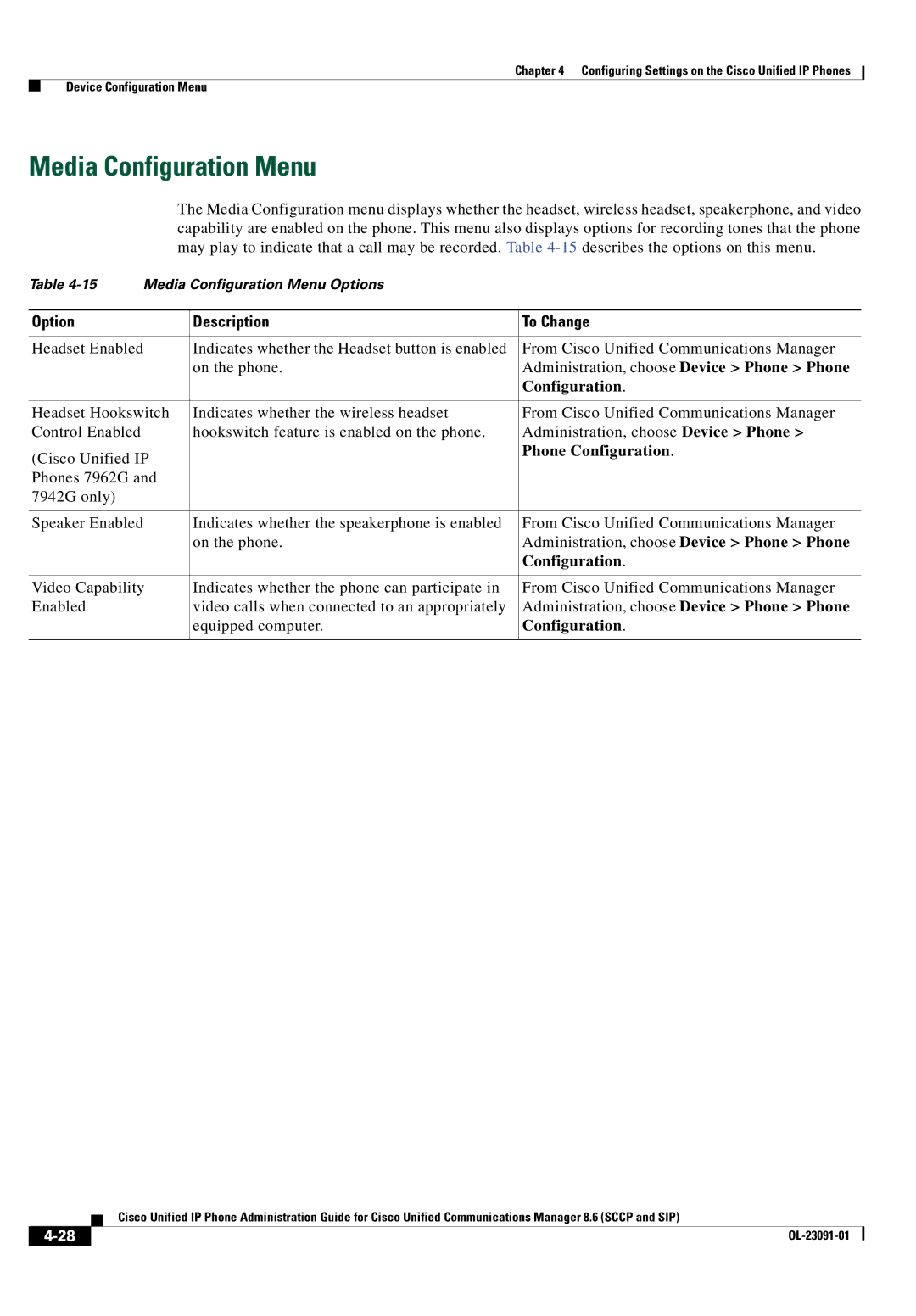 Cisco Systems 8.6 manual Media Configuration Menu 