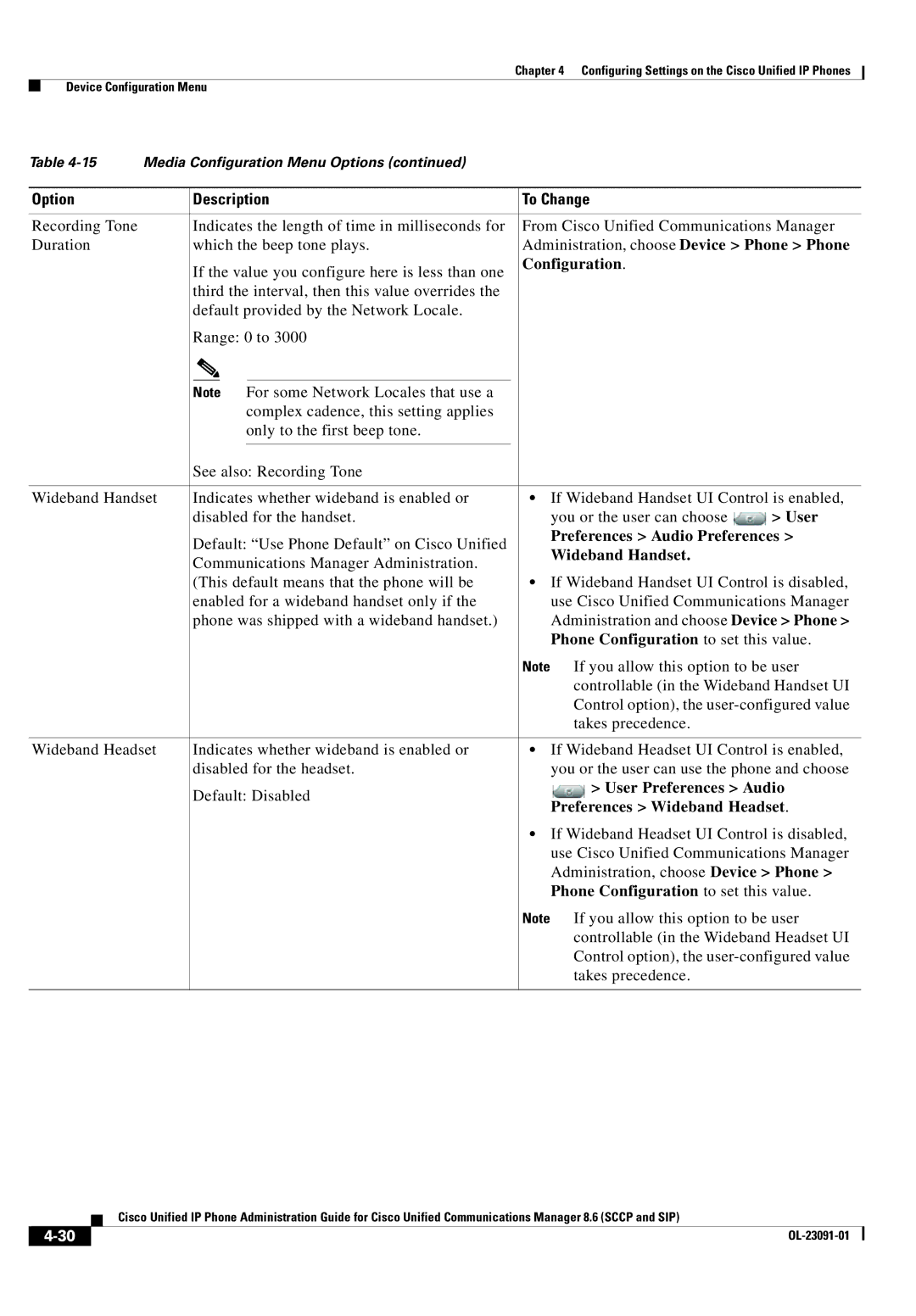 Cisco Systems 8.6 manual User, Preferences Audio Preferences, Wideband Handset, Phone Configuration to set this value 