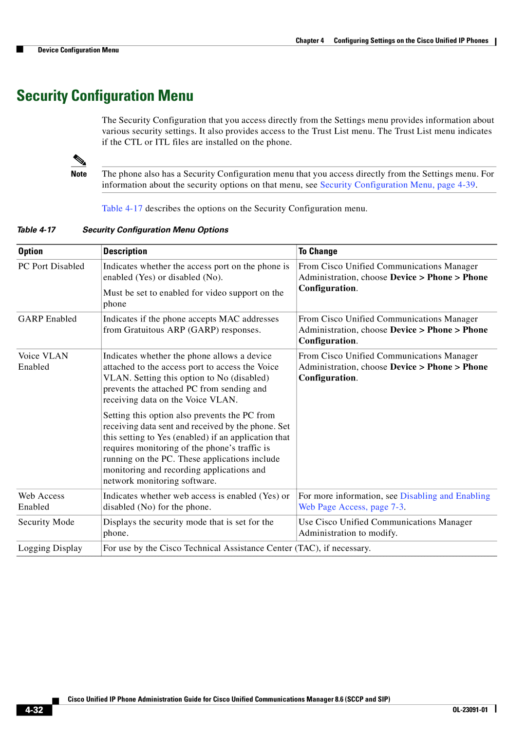 Cisco Systems 8.6 manual Security Configuration Menu, Web Page Access 