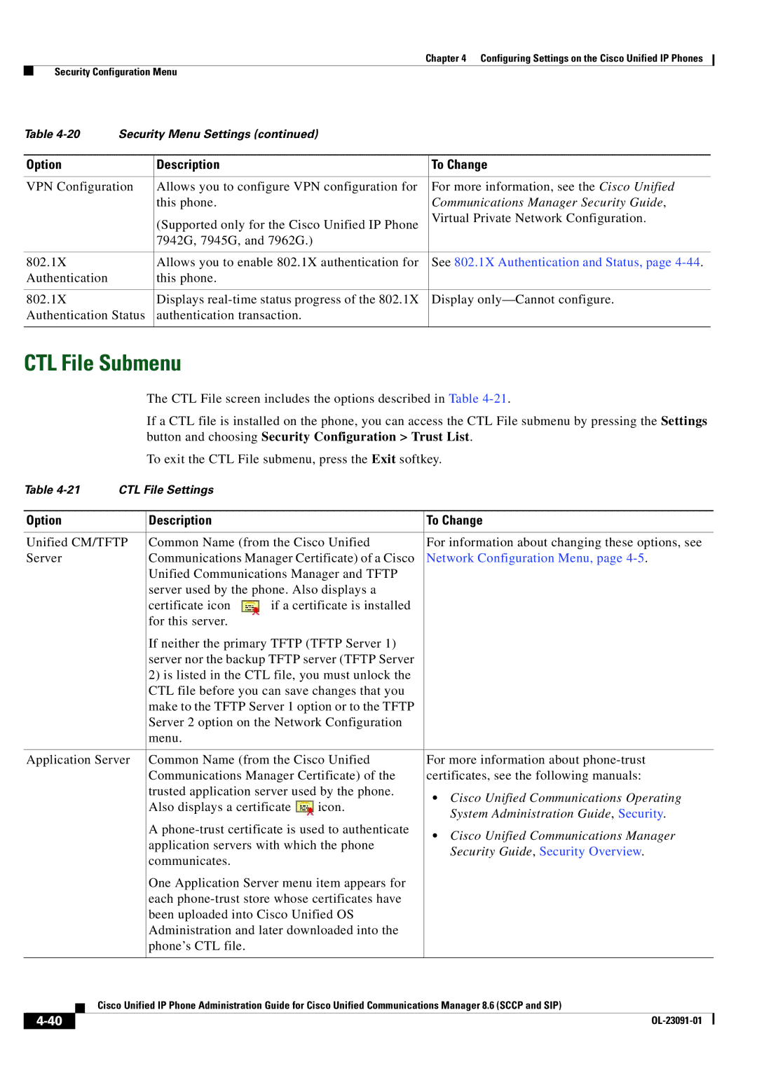 Cisco Systems 8.6 manual CTL File Submenu, Cisco Unified Communications Operating, System Administration Guide, Security 