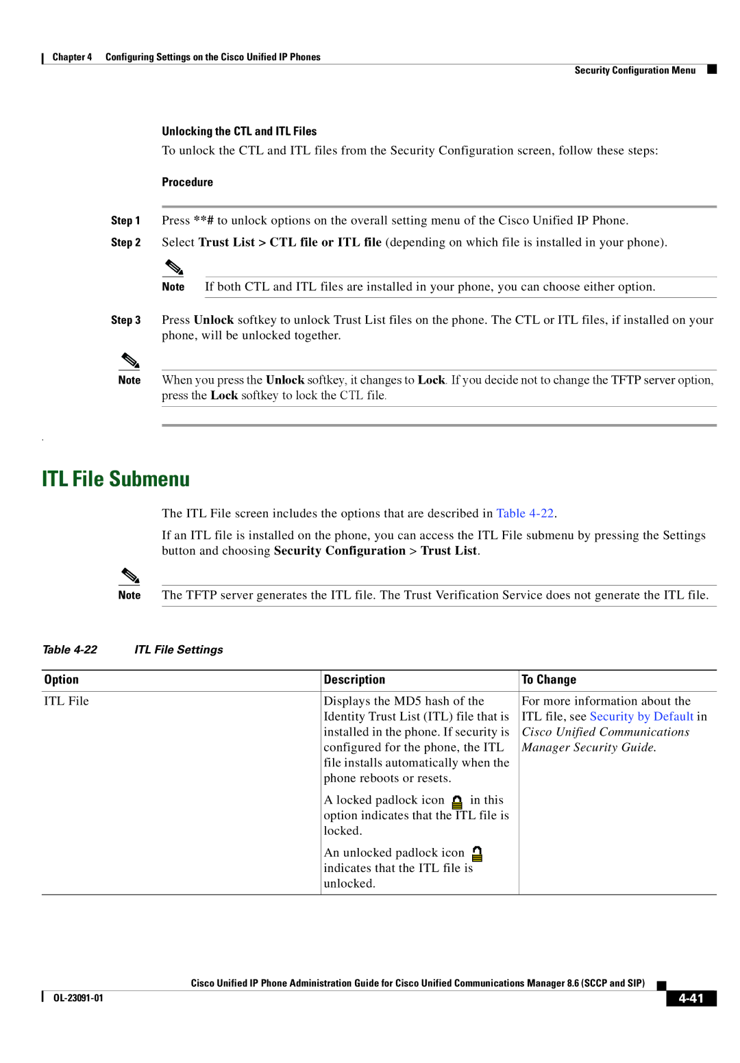 Cisco Systems 8.6 manual ITL File Submenu, Unlocking the CTL and ITL Files, ITL file, see Security by Default 