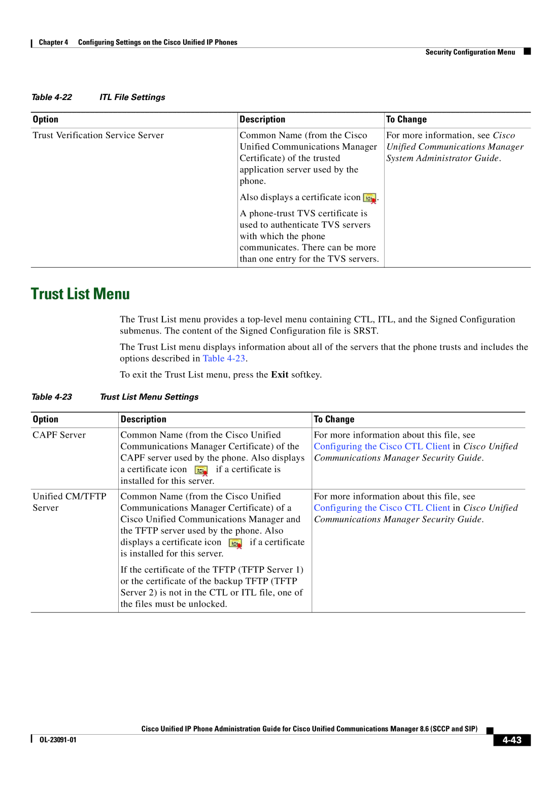 Cisco Systems 8.6 manual Trust List Menu, System Administrator Guide, Configuring the Cisco CTL Client in Cisco Unified 